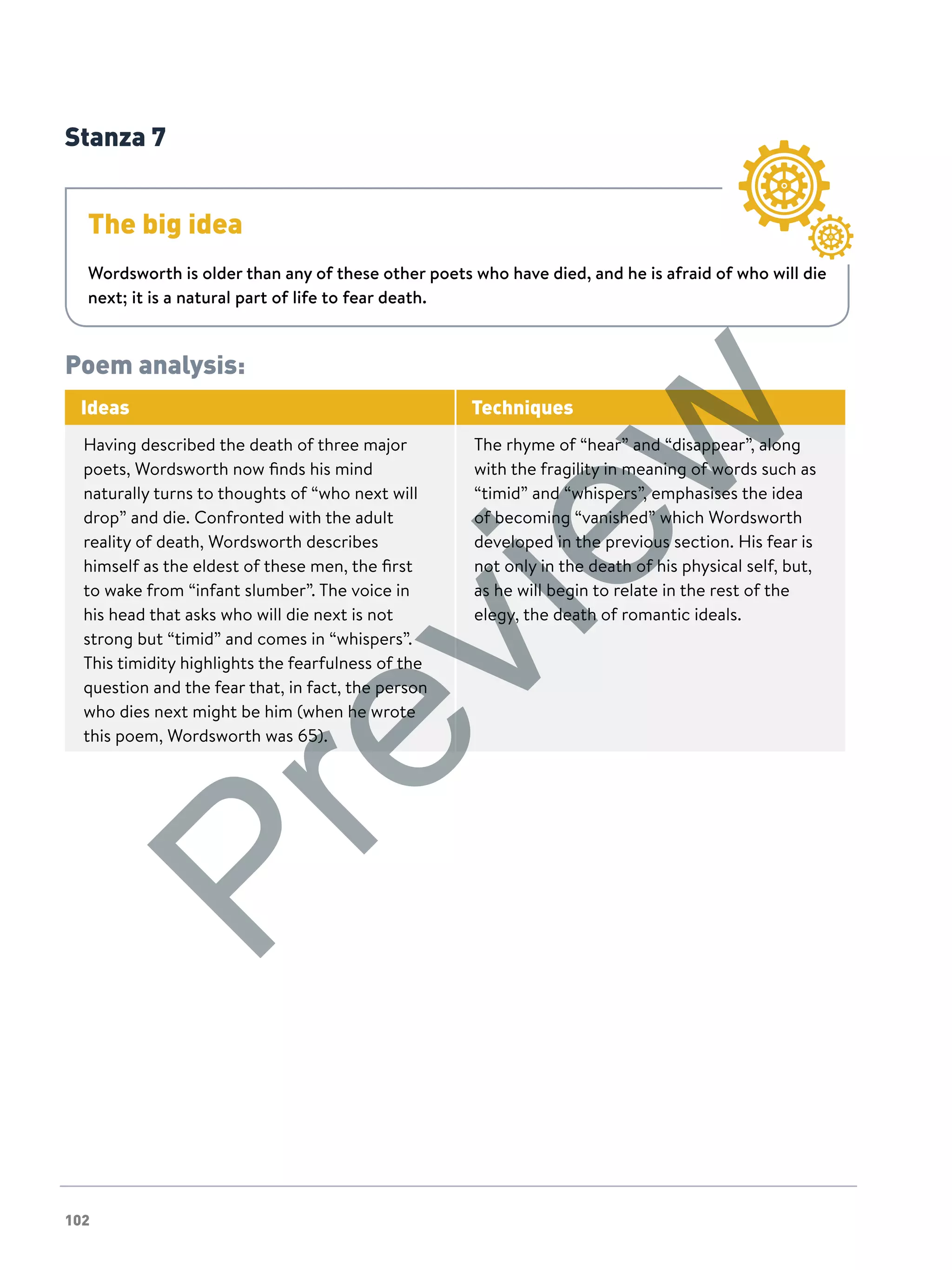 102
Stanza 7
The big idea
Wordsworth is older than any of these other poets who have died, and he is afraid of who will die
next; it is a natural part of life to fear death.
Poem analysis:
Ideas Techniques
Having described the death of three major
poets, Wordsworth now finds his mind
naturally turns to thoughts of “who next will
drop” and die. Confronted with the adult
reality of death, Wordsworth describes
himself as the eldest of these men, the first
to wake from “infant slumber”. The voice in
his head that asks who will die next is not
strong but “timid” and comes in “whispers”.
This timidity highlights the fearfulness of the
question and the fear that, in fact, the person
who dies next might be him (when he wrote
this poem, Wordsworth was 65).
The rhyme of “hear” and “disappear”, along
with the fragility in meaning of words such as
“timid” and “whispers”, emphasises the idea
of becoming “vanished” which Wordsworth
developed in the previous section. His fear is
not only in the death of his physical self, but,
as he will begin to relate in the rest of the
elegy, the death of romantic ideals.
Preview
 