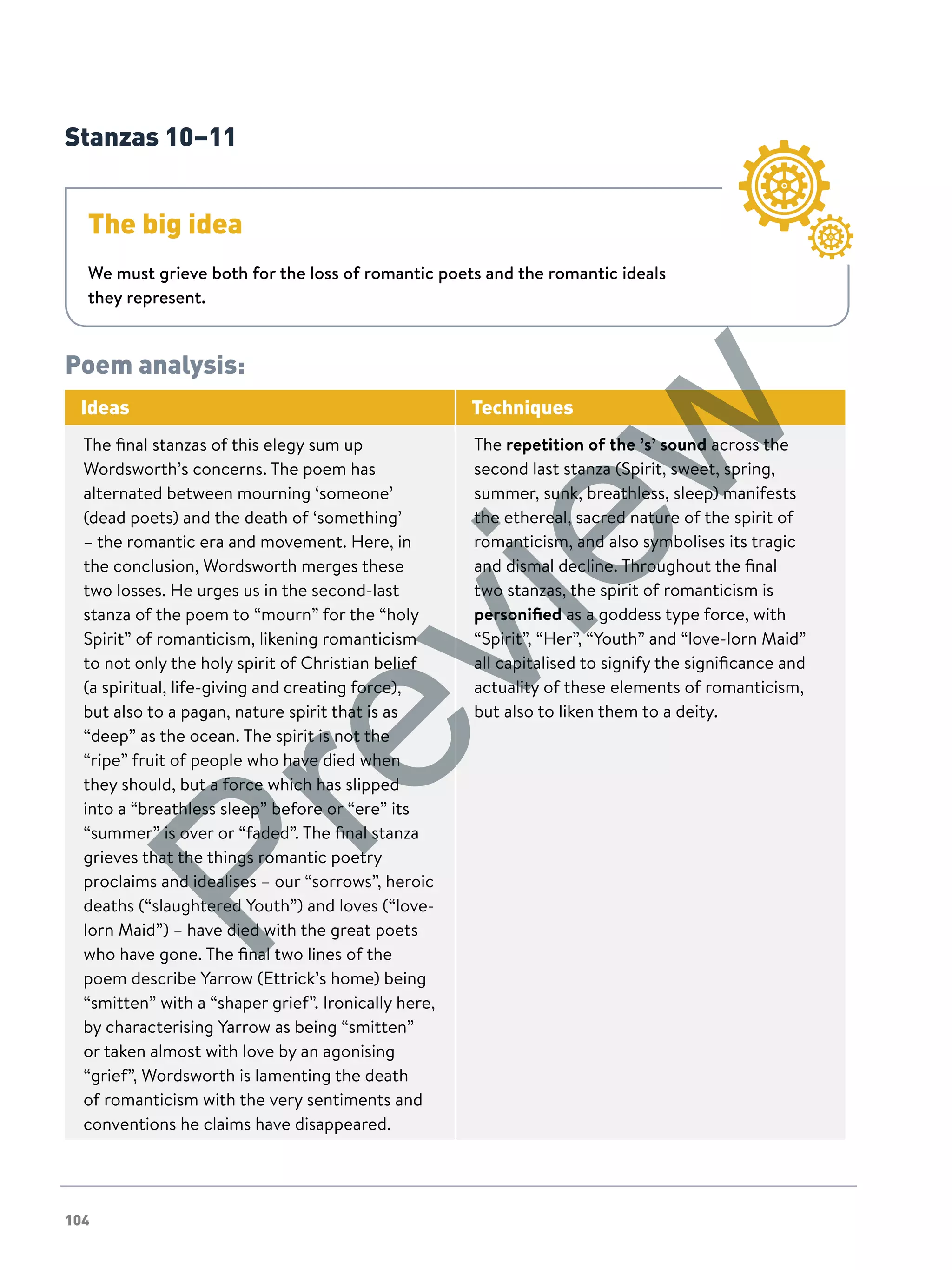 104
Stanzas 10–11
The big idea
We must grieve both for the loss of romantic poets and the romantic ideals
they represent.
Poem analysis:
Ideas Techniques
The final stanzas of this elegy sum up
Wordsworth’s concerns. The poem has
alternated between mourning ‘someone’
(dead poets) and the death of ‘something’
– the romantic era and movement. Here, in
the conclusion, Wordsworth merges these
two losses. He urges us in the second-last
stanza of the poem to “mourn” for the “holy
Spirit” of romanticism, likening romanticism
to not only the holy spirit of Christian belief
(a spiritual, life-giving and creating force),
but also to a pagan, nature spirit that is as
“deep” as the ocean. The spirit is not the
“ripe” fruit of people who have died when
they should, but a force which has slipped
into a “breathless sleep” before or “ere” its
“summer” is over or “faded”. The final stanza
grieves that the things romantic poetry
proclaims and idealises – our “sorrows”, heroic
deaths (“slaughtered Youth”) and loves (“love-
lorn Maid”) – have died with the great poets
who have gone. The final two lines of the
poem describe Yarrow (Ettrick’s home) being
“smitten” with a “shaper grief”. Ironically here,
by characterising Yarrow as being “smitten”
or taken almost with love by an agonising
“grief”, Wordsworth is lamenting the death
of romanticism with the very sentiments and
conventions he claims have disappeared.
The repetition of the ’s’ sound across the
second last stanza (Spirit, sweet, spring,
summer, sunk, breathless, sleep) manifests
the ethereal, sacred nature of the spirit of
romanticism, and also symbolises its tragic
and dismal decline. Throughout the final
two stanzas, the spirit of romanticism is
personified as a goddess type force, with
“Spirit”, “Her”, “Youth” and “love-lorn Maid”
all capitalised to signify the significance and
actuality of these elements of romanticism,
but also to liken them to a deity.
Preview
 