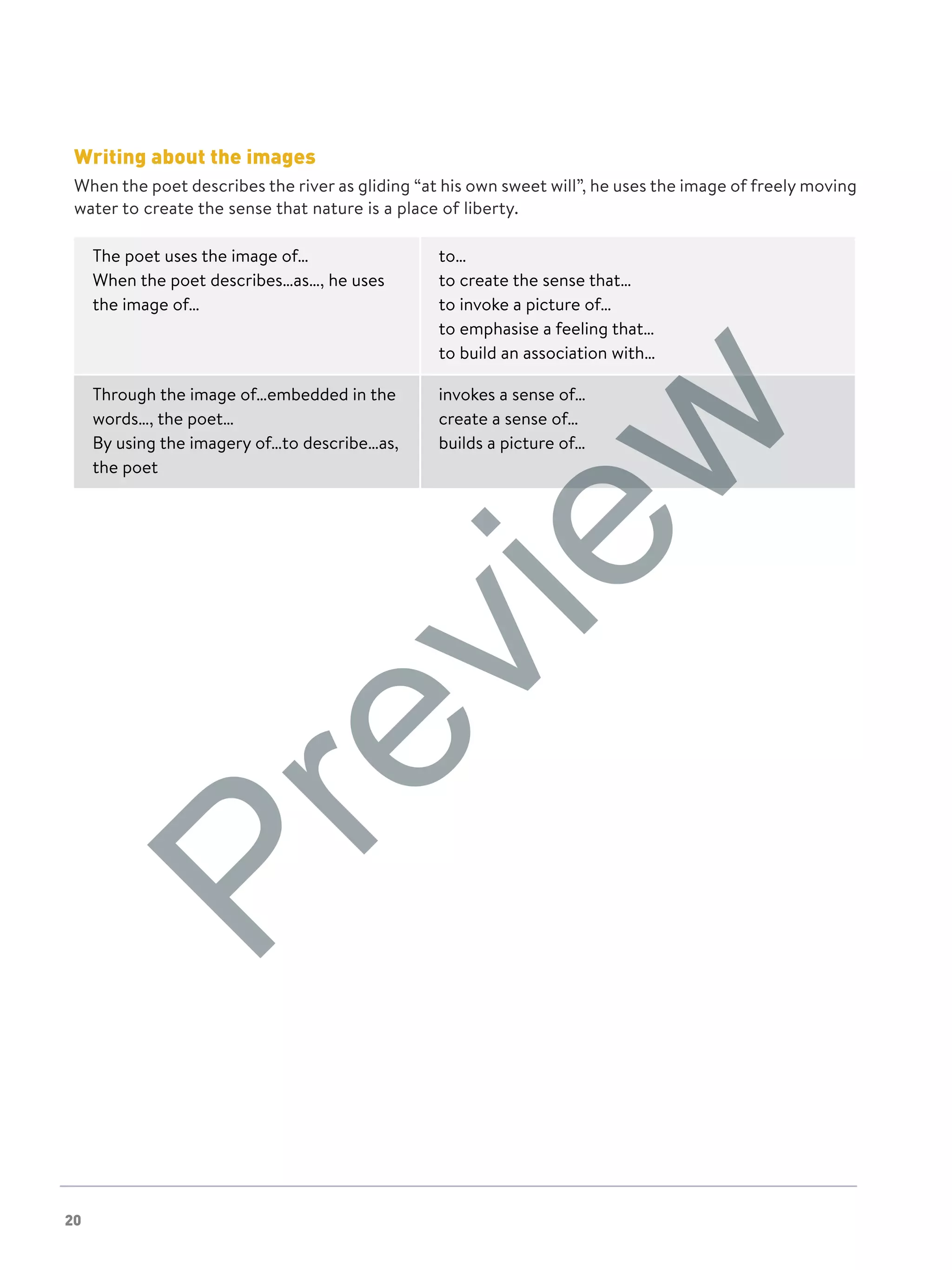 20
Writing about the images
When the poet describes the river as gliding “at his own sweet will”, he uses the image of freely moving
water to create the sense that nature is a place of liberty.
The poet uses the image of…
When the poet describes…as…, he uses
the image of…
to…
to create the sense that…
to invoke a picture of…
to emphasise a feeling that…
to build an association with…
Through the image of…embedded in the
words…, the poet…
By using the imagery of…to describe…as,
the poet
invokes a sense of…
create a sense of…
builds a picture of…
Preview
 