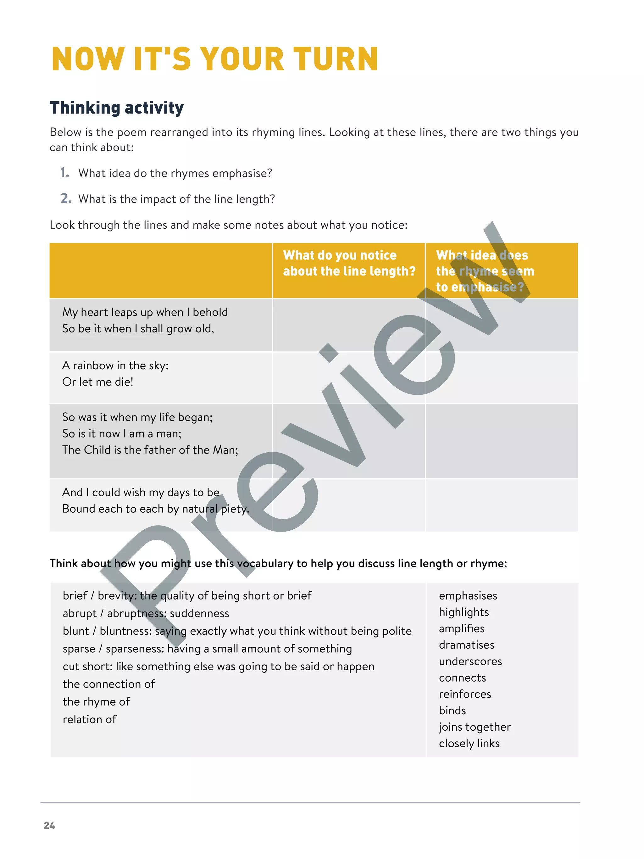 24
NOW IT'S YOUR TURNNOW IT'S YOUR TURN
Thinking activity
Below is the poem rearranged into its rhyming lines. Looking at these lines, there are two things you
can think about:
1.	 What idea do the rhymes emphasise?
2.	 What is the impact of the line length?
Look through the lines and make some notes about what you notice:
What do you notice
about the line length?
What idea does
the rhyme seem
to emphasise?
My heart leaps up when I behold
So be it when I shall grow old,
A rainbow in the sky:
Or let me die!
So was it when my life began;
So is it now I am a man;
The Child is the father of the Man;
And I could wish my days to be
Bound each to each by natural piety.
Think about how you might use this vocabulary to help you discuss line length or rhyme:
brief / brevity: the quality of being short or brief
abrupt / abruptness: suddenness
blunt / bluntness: saying exactly what you think without being polite
sparse / sparseness: having a small amount of something
cut short: like something else was going to be said or happen
the connection of
the rhyme of
relation of
emphasises
highlights
amplifies
dramatises
underscores
connects
reinforces
binds
joins together
closely links
Preview
 