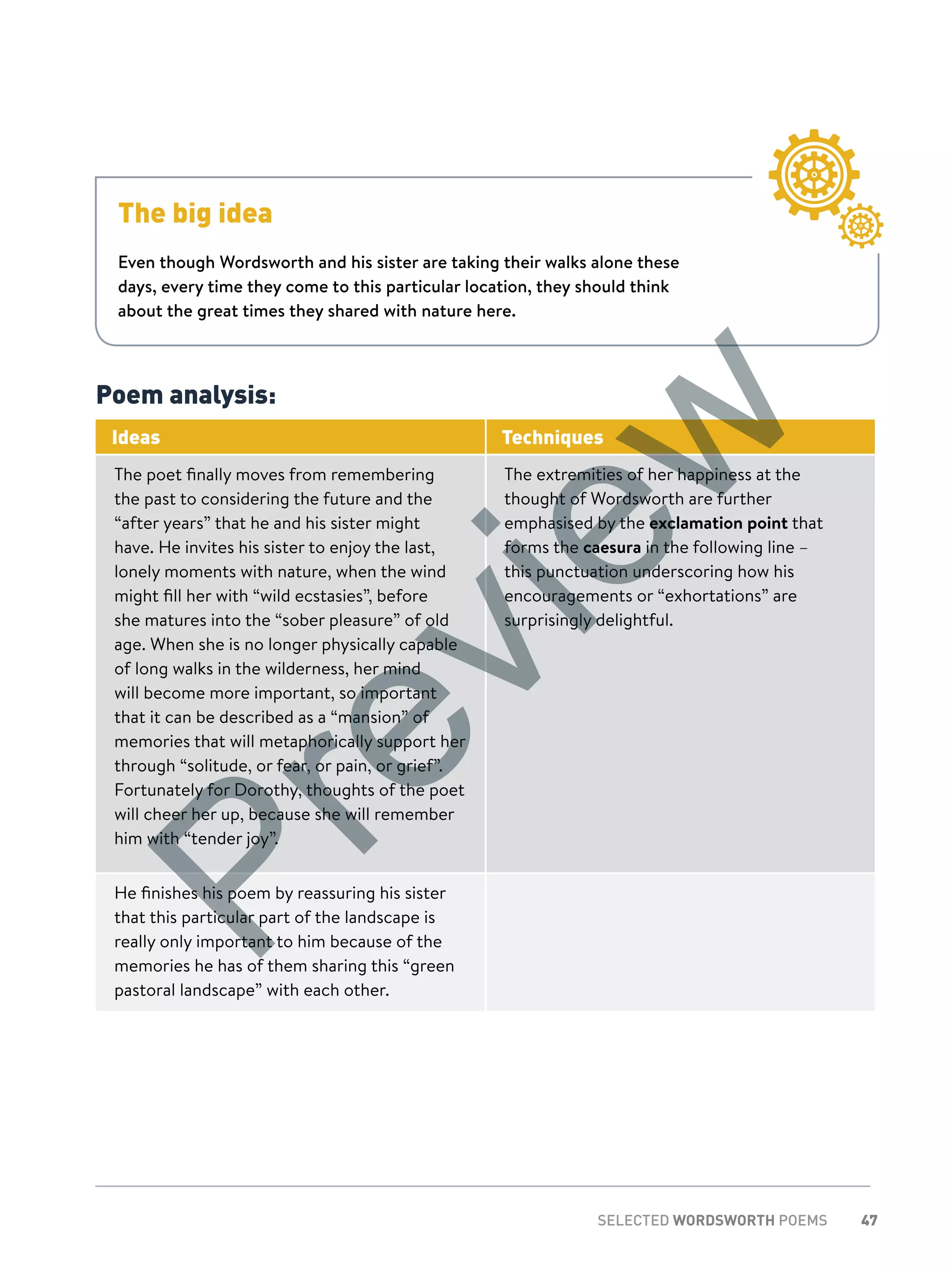 47SELECTED WORDSWORTH POEMS
The big idea
Even though Wordsworth and his sister are taking their walks alone these
days, every time they come to this particular location, they should think
about the great times they shared with nature here.
Poem analysis:
Ideas Techniques
The poet finally moves from remembering
the past to considering the future and the
“after years” that he and his sister might
have. He invites his sister to enjoy the last,
lonely moments with nature, when the wind
might fill her with “wild ecstasies”, before
she matures into the “sober pleasure” of old
age. When she is no longer physically capable
of long walks in the wilderness, her mind
will become more important, so important
that it can be described as a “mansion” of
memories that will metaphorically support her
through “solitude, or fear, or pain, or grief”.
Fortunately for Dorothy, thoughts of the poet
will cheer her up, because she will remember
him with “tender joy”.
The extremities of her happiness at the
thought of Wordsworth are further
emphasised by the exclamation point that
forms the caesura in the following line –
this punctuation underscoring how his
encouragements or “exhortations” are
surprisingly delightful.
He finishes his poem by reassuring his sister
that this particular part of the landscape is
really only important to him because of the
memories he has of them sharing this “green
pastoral landscape” with each other.
Preview
 