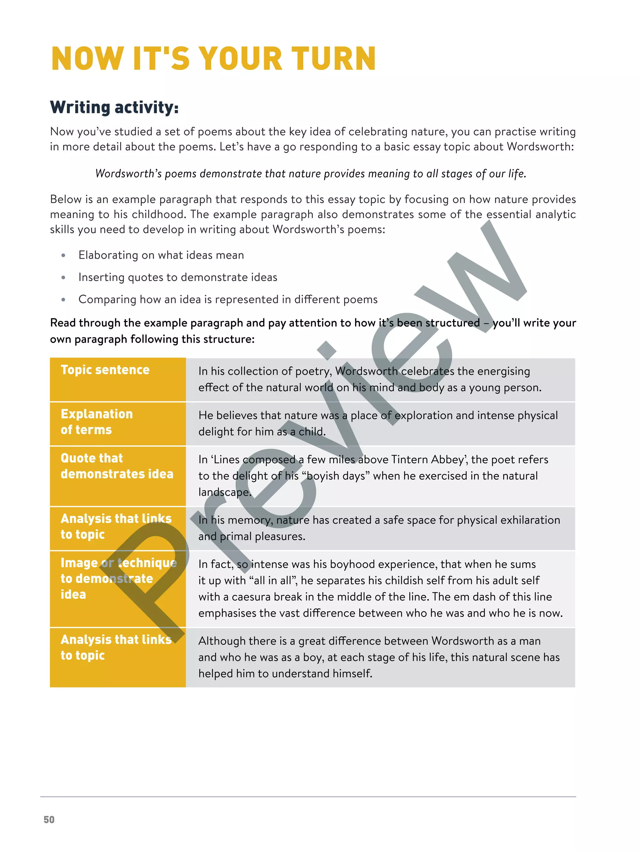 50
NOW IT'S YOUR TURNNOW IT'S YOUR TURN
Writing activity:
Now you’ve studied a set of poems about the key idea of celebrating nature, you can practise writing
in more detail about the poems. Let’s have a go responding to a basic essay topic about Wordsworth:
	 Wordsworth’s poems demonstrate that nature provides meaning to all stages of our life.
Below is an example paragraph that responds to this essay topic by focusing on how nature provides
meaning to his childhood. The example paragraph also demonstrates some of the essential analytic
skills you need to develop in writing about Wordsworth’s poems:
•	 Elaborating on what ideas mean
•	 Inserting quotes to demonstrate ideas
•	 Comparing how an idea is represented in different poems
Read through the example paragraph and pay attention to how it’s been structured – you’ll write your
own paragraph following this structure:
Topic sentence In his collection of poetry, Wordsworth celebrates the energising
effect of the natural world on his mind and body as a young person.
Explanation
of terms
He believes that nature was a place of exploration and intense physical
delight for him as a child.
Quote that
demonstrates idea
In ‘Lines composed a few miles above Tintern Abbey’, the poet refers
to the delight of his “boyish days” when he exercised in the natural
landscape.
Analysis that links
to topic
In his memory, nature has created a safe space for physical exhilaration
and primal pleasures.
Image or technique
to demonstrate
idea
In fact, so intense was his boyhood experience, that when he sums
it up with “all in all”, he separates his childish self from his adult self
with a caesura break in the middle of the line. The em dash of this line
emphasises the vast difference between who he was and who he is now.
Analysis that links
to topic
Although there is a great difference between Wordsworth as a man
and who he was as a boy, at each stage of his life, this natural scene has
helped him to understand himself.
Preview
 