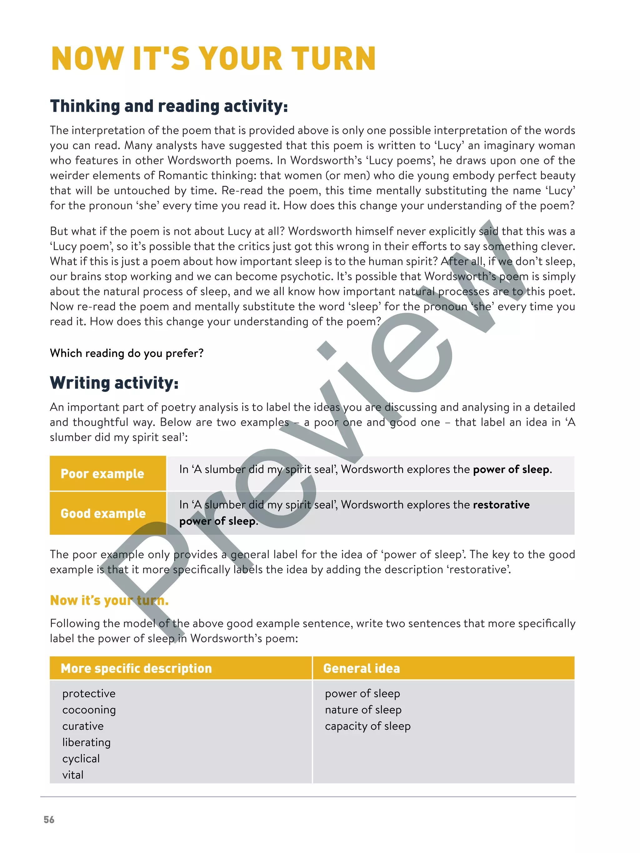 56
NOW IT'S YOUR TURNNOW IT'S YOUR TURN
Thinking and reading activity:
The interpretation of the poem that is provided above is only one possible interpretation of the words
you can read. Many analysts have suggested that this poem is written to ‘Lucy’ an imaginary woman
who features in other Wordsworth poems. In Wordsworth’s ‘Lucy poems’, he draws upon one of the
weirder elements of Romantic thinking: that women (or men) who die young embody perfect beauty
that will be untouched by time. Re-read the poem, this time mentally substituting the name ‘Lucy’
for the pronoun ‘she’ every time you read it. How does this change your understanding of the poem?
But what if the poem is not about Lucy at all? Wordsworth himself never explicitly said that this was a
‘Lucy poem’, so it’s possible that the critics just got this wrong in their efforts to say something clever.
What if this is just a poem about how important sleep is to the human spirit? After all, if we don’t sleep,
our brains stop working and we can become psychotic. It’s possible that Wordsworth’s poem is simply
about the natural process of sleep, and we all know how important natural processes are to this poet.
Now re-read the poem and mentally substitute the word ‘sleep’ for the pronoun ‘she’ every time you
read it. How does this change your understanding of the poem?
Which reading do you prefer?
Writing activity:
An important part of poetry analysis is to label the ideas you are discussing and analysing in a detailed
and thoughtful way. Below are two examples – a poor one and good one – that label an idea in ‘A
slumber did my spirit seal’:
Poor example In ‘A slumber did my spirit seal’, Wordsworth explores the power of sleep.
Good example
In ‘A slumber did my spirit seal’, Wordsworth explores the restorative
power of sleep.
The poor example only provides a general label for the idea of ‘power of sleep’. The key to the good
example is that it more specifically labels the idea by adding the description ‘restorative’.
Now it’s your turn.
Following the model of the above good example sentence, write two sentences that more specifically
label the power of sleep in Wordsworth’s poem:
More specific description General idea
protective
cocooning
curative
liberating
cyclical
vital
power of sleep
nature of sleep
capacity of sleep
Preview
 
