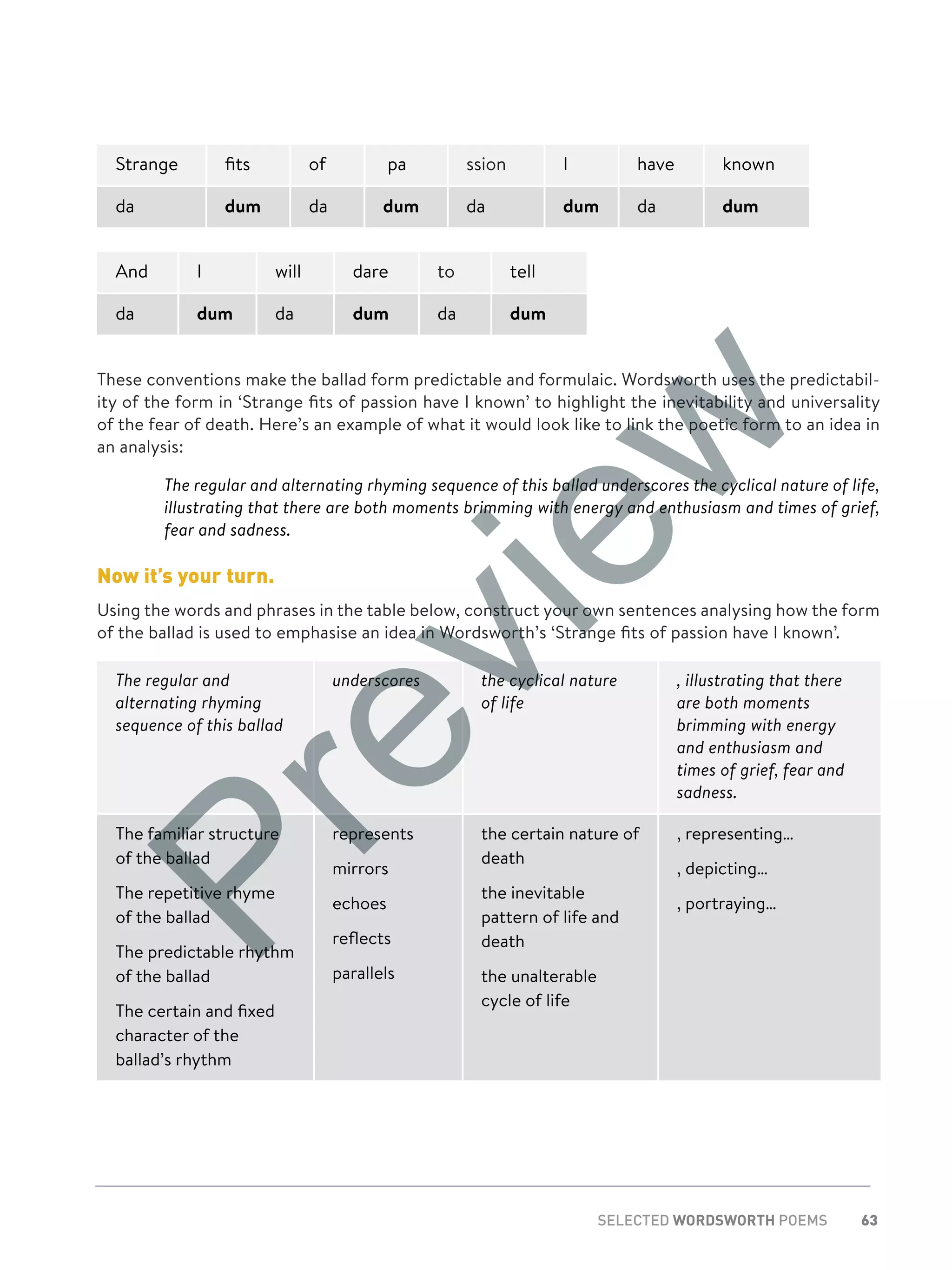 63SELECTED WORDSWORTH POEMS
Strange fits of pa ssion I have known
da dum da dum da dum da dum
And I will dare to tell
da dum da dum da dum
These conventions make the ballad form predictable and formulaic. Wordsworth uses the predictabil-
ity of the form in ‘Strange fits of passion have I known’ to highlight the inevitability and universality
of the fear of death. Here’s an example of what it would look like to link the poetic form to an idea in
an analysis:
	The regular and alternating rhyming sequence of this ballad underscores the cyclical nature of life,
illustrating that there are both moments brimming with energy and enthusiasm and times of grief,
fear and sadness.
Now it’s your turn.
Using the words and phrases in the table below, construct your own sentences analysing how the form
of the ballad is used to emphasise an idea in Wordsworth’s ‘Strange fits of passion have I known’.
The regular and
alternating rhyming
sequence of this ballad
underscores the cyclical nature
of life
, illustrating that there
are both moments
brimming with energy
and enthusiasm and
times of grief, fear and
sadness.
The familiar structure
of the ballad
The repetitive rhyme
of the ballad
The predictable rhythm
of the ballad
The certain and fixed
character of the
ballad’s rhythm
represents
mirrors
echoes
reflects
parallels
the certain nature of
death
the inevitable
pattern of life and
death
the unalterable
cycle of life
, representing…
, depicting…
, portraying…
Preview
 