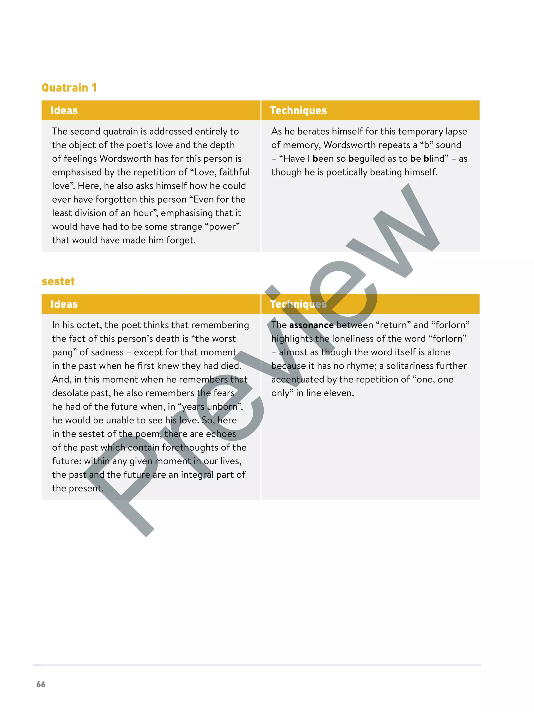 66
Quatrain 1
Ideas Techniques
The second quatrain is addressed entirely to
the object of the poet’s love and the depth
of feelings Wordsworth has for this person is
emphasised by the repetition of “Love, faithful
love”. Here, he also asks himself how he could
ever have forgotten this person “Even for the
least division of an hour”, emphasising that it
would have had to be some strange “power”
that would have made him forget.
As he berates himself for this temporary lapse
of memory, Wordsworth repeats a “b” sound
– “Have I been so beguiled as to be blind” – as
though he is poetically beating himself.
sestet
Ideas Techniques
In his octet, the poet thinks that remembering
the fact of this person’s death is “the worst
pang” of sadness – except for that moment
in the past when he first knew they had died.
And, in this moment when he remembers that
desolate past, he also remembers the fears
he had of the future when, in “years unborn”,
he would be unable to see his love. So, here
in the sestet of the poem, there are echoes
of the past which contain forethoughts of the
future: within any given moment in our lives,
the past and the future are an integral part of
the present.
The assonance between “return” and “forlorn”
highlights the loneliness of the word “forlorn”
– almost as though the word itself is alone
because it has no rhyme; a solitariness further
accentuated by the repetition of “one, one
only” in line eleven.
Preview
 