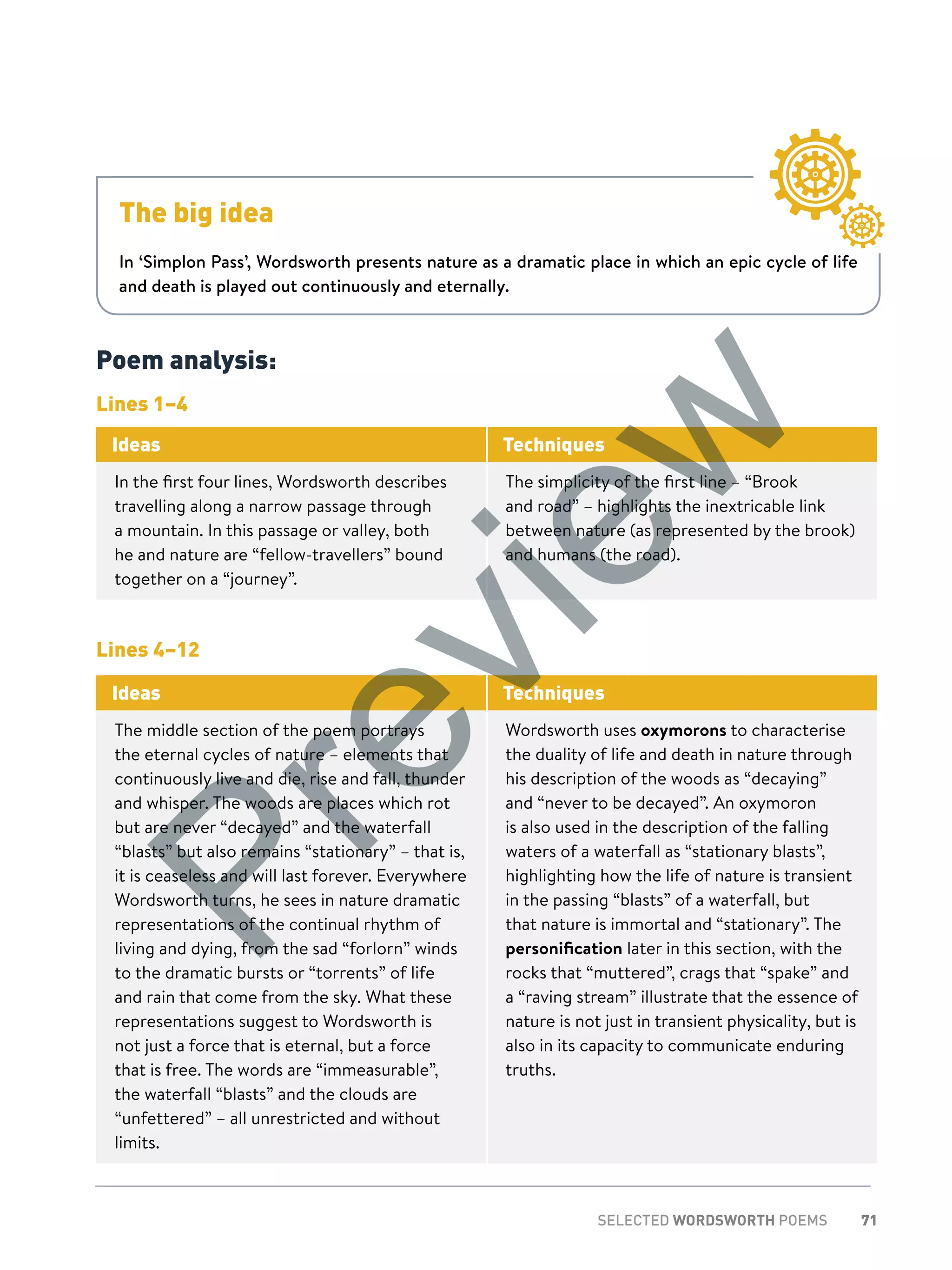 71SELECTED WORDSWORTH POEMS
Poem analysis:
Lines 1–4
Ideas Techniques
In the first four lines, Wordsworth describes
travelling along a narrow passage through
a mountain. In this passage or valley, both
he and nature are “fellow-travellers” bound
together on a “journey”.
The simplicity of the first line – “Brook
and road” – highlights the inextricable link
between nature (as represented by the brook)
and humans (the road).
Lines 4–12
Ideas Techniques
The middle section of the poem portrays
the eternal cycles of nature – elements that
continuously live and die, rise and fall, thunder
and whisper. The woods are places which rot
but are never “decayed” and the waterfall
“blasts” but also remains “stationary” – that is,
it is ceaseless and will last forever. Everywhere
Wordsworth turns, he sees in nature dramatic
representations of the continual rhythm of
living and dying, from the sad “forlorn” winds
to the dramatic bursts or “torrents” of life
and rain that come from the sky. What these
representations suggest to Wordsworth is
not just a force that is eternal, but a force
that is free. The words are “immeasurable”,
the waterfall “blasts” and the clouds are
“unfettered” – all unrestricted and without
limits.
Wordsworth uses oxymorons to characterise
the duality of life and death in nature through
his description of the woods as “decaying”
and “never to be decayed”. An oxymoron
is also used in the description of the falling
waters of a waterfall as “stationary blasts”,
highlighting how the life of nature is transient
in the passing “blasts” of a waterfall, but
that nature is immortal and “stationary”. The
personification later in this section, with the
rocks that “muttered”, crags that “spake” and
a “raving stream” illustrate that the essence of
nature is not just in transient physicality, but is
also in its capacity to communicate enduring
truths.
The big idea
In ‘Simplon Pass’, Wordsworth presents nature as a dramatic place in which an epic cycle of life
and death is played out continuously and eternally.
Preview
 