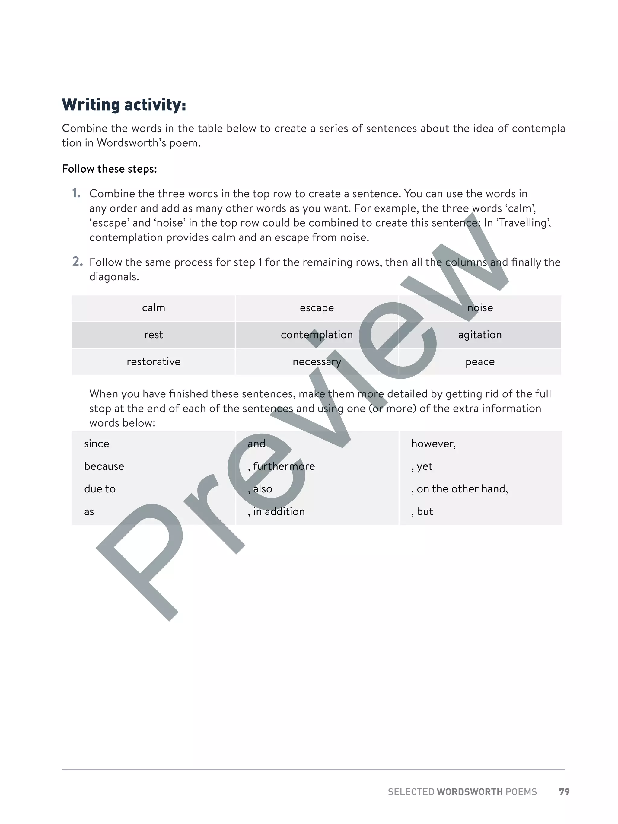 79SELECTED WORDSWORTH POEMS
Writing activity:
Combine the words in the table below to create a series of sentences about the idea of contempla-
tion in Wordsworth’s poem.
Follow these steps:
1.	 Combine the three words in the top row to create a sentence. You can use the words in
any order and add as many other words as you want. For example, the three words ‘calm’,
‘escape’ and ‘noise’ in the top row could be combined to create this sentence: In ‘Travelling’,
contemplation provides calm and an escape from noise.
2.	 Follow the same process for step 1 for the remaining rows, then all the columns and finally the
diagonals.
calm escape noise
rest contemplation agitation
restorative necessary peace
When you have finished these sentences, make them more detailed by getting rid of the full
stop at the end of each of the sentences and using one (or more) of the extra information
words below:
since
because
due to
as
and
, furthermore
, also
, in addition
however,
, yet
, on the other hand,
, but
Preview
 