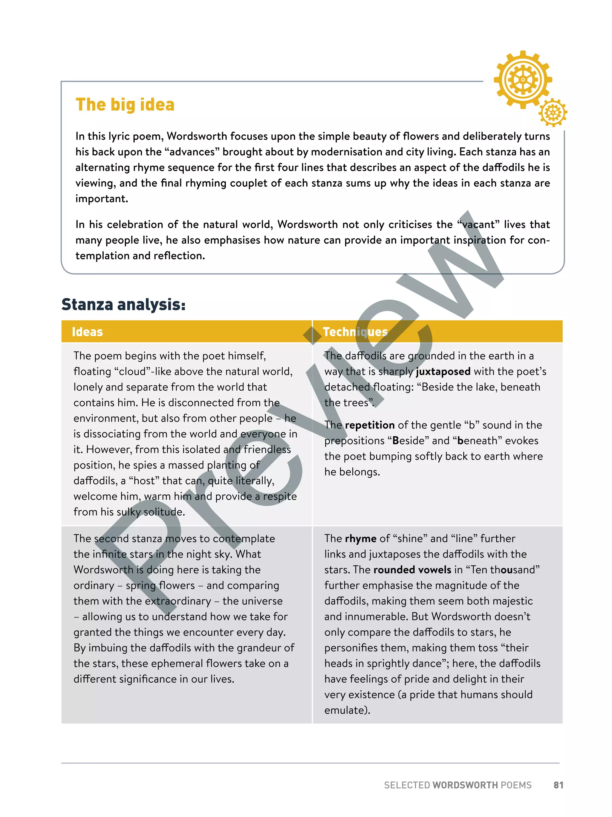 81SELECTED WORDSWORTH POEMS
Stanza analysis:
Ideas Techniques
The poem begins with the poet himself,
floating “cloud”-like above the natural world,
lonely and separate from the world that
contains him. He is disconnected from the
environment, but also from other people – he
is dissociating from the world and everyone in
it. However, from this isolated and friendless
position, he spies a massed planting of
daffodils, a “host” that can, quite literally,
welcome him, warm him and provide a respite
from his sulky solitude.
The daffodils are grounded in the earth in a
way that is sharply juxtaposed with the poet’s
detached floating: “Beside the lake, beneath
the trees”.
The repetition of the gentle “b” sound in the
prepositions “Beside” and “beneath” evokes
the poet bumping softly back to earth where
he belongs.
The second stanza moves to contemplate
the infinite stars in the night sky. What
Wordsworth is doing here is taking the
ordinary – spring flowers – and comparing
them with the extraordinary – the universe
– allowing us to understand how we take for
granted the things we encounter every day.
By imbuing the daffodils with the grandeur of
the stars, these ephemeral flowers take on a
different significance in our lives.
The rhyme of “shine” and “line” further
links and juxtaposes the daffodils with the
stars. The rounded vowels in “Ten thousand”
further emphasise the magnitude of the
daffodils, making them seem both majestic
and innumerable. But Wordsworth doesn’t
only compare the daffodils to stars, he
personifies them, making them toss “their
heads in sprightly dance”; here, the daffodils
have feelings of pride and delight in their
very existence (a pride that humans should
emulate).
The big idea
In this lyric poem, Wordsworth focuses upon the simple beauty of flowers and deliberately turns
his back upon the “advances” brought about by modernisation and city living. Each stanza has an
alternating rhyme sequence for the first four lines that describes an aspect of the daffodils he is
viewing, and the final rhyming couplet of each stanza sums up why the ideas in each stanza are
important.
In his celebration of the natural world, Wordsworth not only criticises the “vacant” lives that
many people live, he also emphasises how nature can provide an important inspiration for con-
templation and reflection.
Preview
 