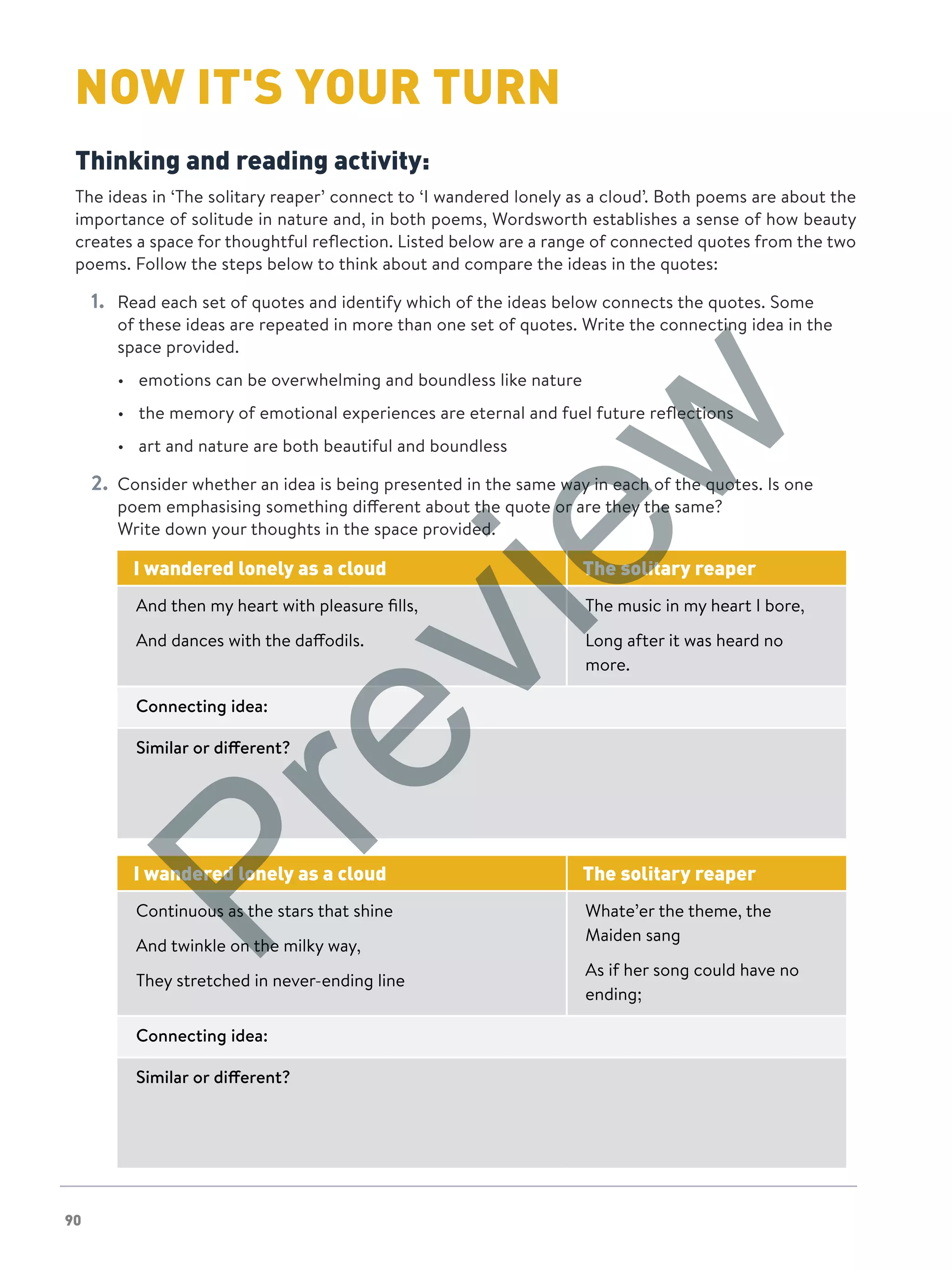 90
NOW IT'S YOUR TURNNOW IT'S YOUR TURN
Thinking and reading activity:
The ideas in ‘The solitary reaper’ connect to ‘I wandered lonely as a cloud’. Both poems are about the
importance of solitude in nature and, in both poems, Wordsworth establishes a sense of how beauty
creates a space for thoughtful reflection. Listed below are a range of connected quotes from the two
poems. Follow the steps below to think about and compare the ideas in the quotes:
1.	 Read each set of quotes and identify which of the ideas below connects the quotes. Some
of these ideas are repeated in more than one set of quotes. Write the connecting idea in the
space provided.
•	 emotions can be overwhelming and boundless like nature
•	 the memory of emotional experiences are eternal and fuel future reflections
•	 art and nature are both beautiful and boundless
2.	 Consider whether an idea is being presented in the same way in each of the quotes. Is one
poem emphasising something different about the quote or are they the same?
Write down your thoughts in the space provided.
I wandered lonely as a cloud The solitary reaper
And then my heart with pleasure fills,
And dances with the daffodils.
The music in my heart I bore,
Long after it was heard no
more.
Connecting idea:
Similar or different?
I wandered lonely as a cloud The solitary reaper
Continuous as the stars that shine
And twinkle on the milky way,
They stretched in never-ending line
Whate’er the theme, the
Maiden sang
As if her song could have no
ending;
Connecting idea:
Similar or different?
Preview
 