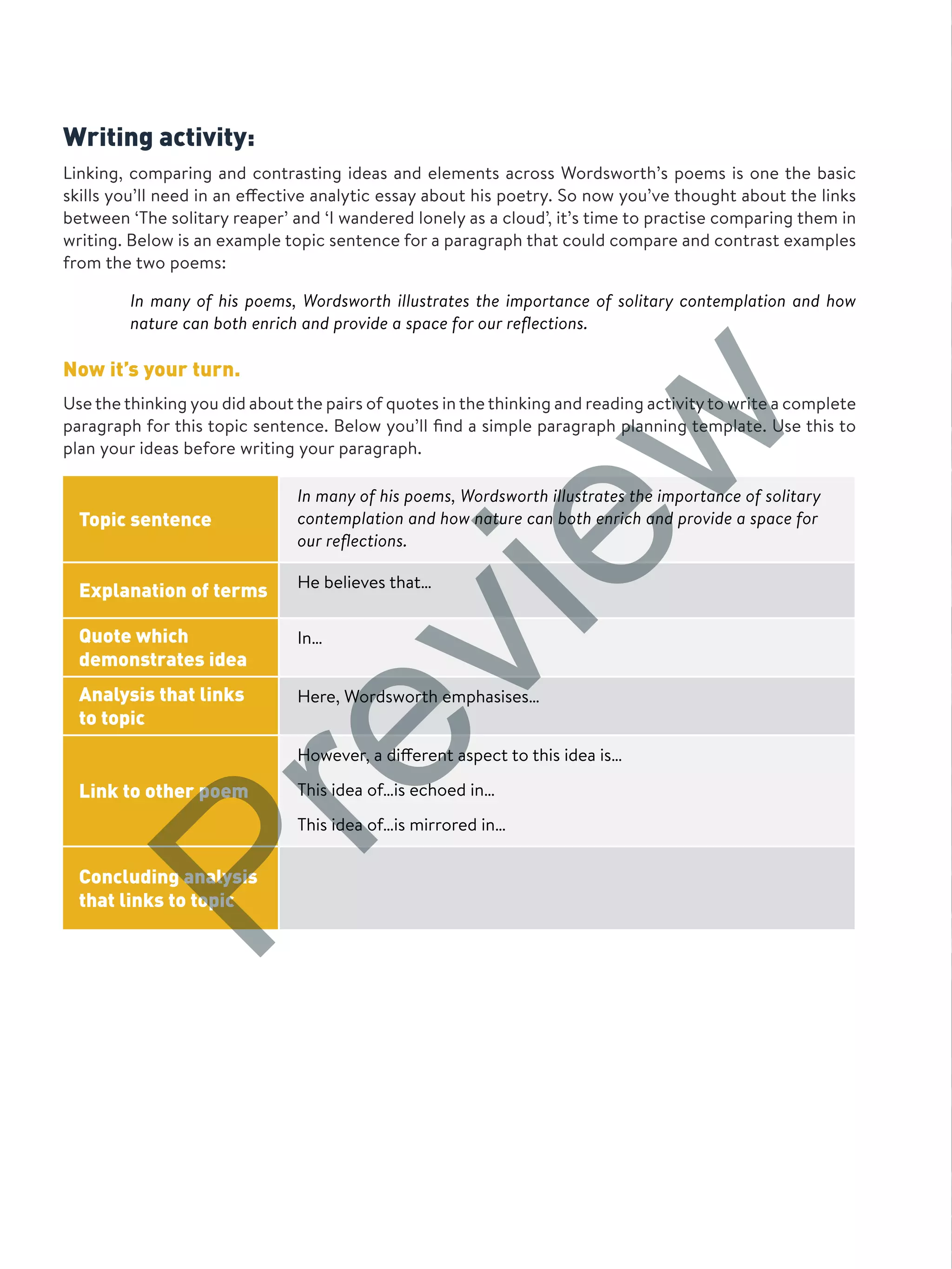Writing activity:
Linking, comparing and contrasting ideas and elements across Wordsworth’s poems is one the basic
skills you’ll need in an effective analytic essay about his poetry. So now you’ve thought about the links
between ‘The solitary reaper’ and ‘I wandered lonely as a cloud’, it’s time to practise comparing them in
writing. Below is an example topic sentence for a paragraph that could compare and contrast examples
from the two poems:
	In many of his poems, Wordsworth illustrates the importance of solitary contemplation and how
nature can both enrich and provide a space for our reflections.
Now it’s your turn.
Use the thinking you did about the pairs of quotes in the thinking and reading activityto write a complete
paragraph for this topic sentence. Below you’ll find a simple paragraph planning template. Use this to
plan your ideas before writing your paragraph.
Topic sentence
In many of his poems, Wordsworth illustrates the importance of solitary
contemplation and how nature can both enrich and provide a space for
our reflections.
Explanation of terms He believes that…
Quote which
demonstrates idea
In…
Analysis that links
to topic
Here, Wordsworth emphasises…
Link to other poem
However, a different aspect to this idea is…
This idea of…is echoed in…
This idea of…is mirrored in…
Concluding analysis
that links to topic
Preview
 
