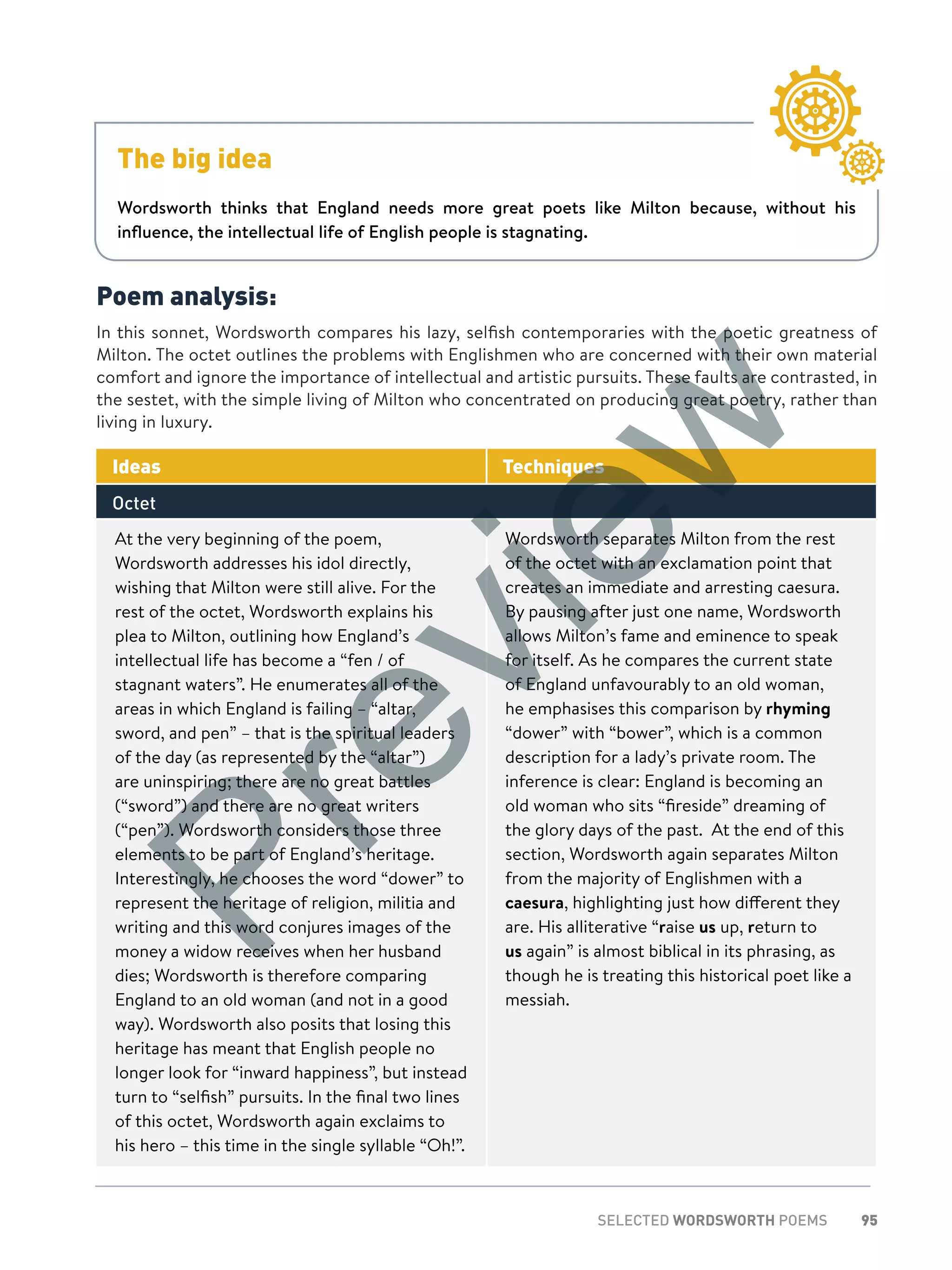 95SELECTED WORDSWORTH POEMS
Poem analysis:
In this sonnet, Wordsworth compares his lazy, selfish contemporaries with the poetic greatness of
Milton. The octet outlines the problems with Englishmen who are concerned with their own material
comfort and ignore the importance of intellectual and artistic pursuits. These faults are contrasted, in
the sestet, with the simple living of Milton who concentrated on producing great poetry, rather than
living in luxury.
Ideas Techniques
Octet
At the very beginning of the poem,
Wordsworth addresses his idol directly,
wishing that Milton were still alive. For the
rest of the octet, Wordsworth explains his
plea to Milton, outlining how England’s
intellectual life has become a “fen / of
stagnant waters”. He enumerates all of the
areas in which England is failing – “altar,
sword, and pen” – that is the spiritual leaders
of the day (as represented by the “altar”)
are uninspiring; there are no great battles
(“sword”) and there are no great writers
(“pen”). Wordsworth considers those three
elements to be part of England’s heritage.
Interestingly, he chooses the word “dower” to
represent the heritage of religion, militia and
writing and this word conjures images of the
money a widow receives when her husband
dies; Wordsworth is therefore comparing
England to an old woman (and not in a good
way). Wordsworth also posits that losing this
heritage has meant that English people no
longer look for “inward happiness”, but instead
turn to “selfish” pursuits. In the final two lines
of this octet, Wordsworth again exclaims to
his hero – this time in the single syllable “Oh!”.
Wordsworth separates Milton from the rest
of the octet with an exclamation point that
creates an immediate and arresting caesura.
By pausing after just one name, Wordsworth
allows Milton’s fame and eminence to speak
for itself. As he compares the current state
of England unfavourably to an old woman,
he emphasises this comparison by rhyming
“dower” with “bower”, which is a common
description for a lady’s private room. The
inference is clear: England is becoming an
old woman who sits “fireside” dreaming of
the glory days of the past. At the end of this
section, Wordsworth again separates Milton
from the majority of Englishmen with a
caesura, highlighting just how different they
are. His alliterative “raise us up, return to
us again” is almost biblical in its phrasing, as
though he is treating this historical poet like a
messiah.
The big idea
Wordsworth thinks that England needs more great poets like Milton because, without his
influence, the intellectual life of English people is stagnating.
Preview
 