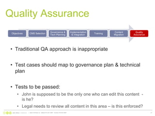 Quality AssuranceTraditional QA approach is inappropriateTest cases should map to governance plan & technical planTests to be passed:John is supposed to be the only one who can edit this content  - is he? Legal needs to review all content in this area – is this enforced?|   www.nonlinear.ca   ottawa 613.241.2067   toronto 416.203.299721