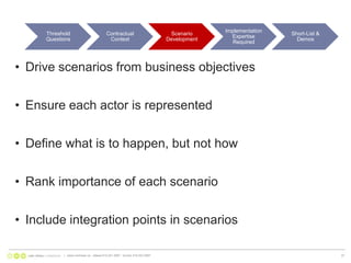 Drive scenarios from business objectivesEnsure each actor is representedDefine what is to happen, but not howRank importance of each scenarioInclude integration points in scenarios|   www.nonlinear.ca   ottawa 613.241.2067   toronto 416.203.299727