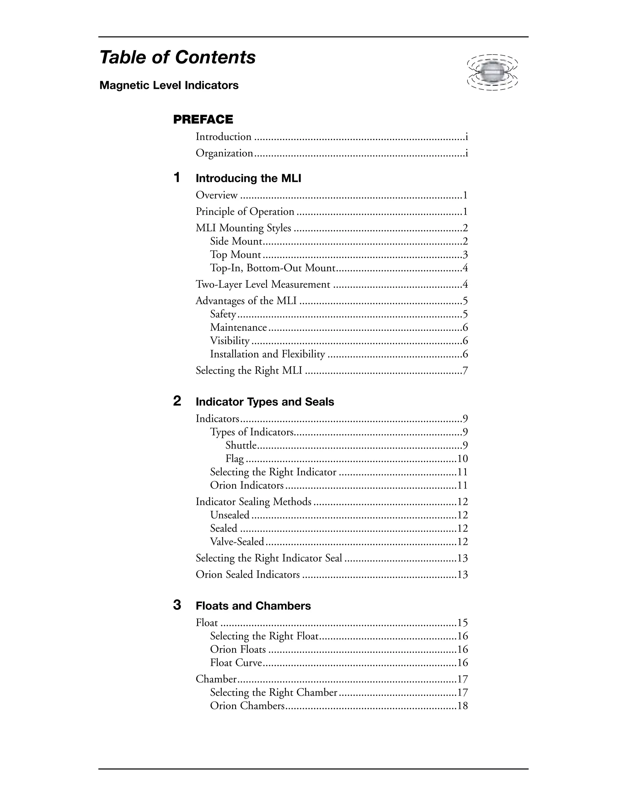 Table of Contents
Magnetic Level Indicators
PREFACE
Introduction ...........................................................................i
Organization...........................................................................i
1 Introducing the MLI
Overview ...............................................................................1
Principle of Operation ...........................................................1
MLI Mounting Styles ............................................................2
Side Mount.......................................................................2
Top Mount.......................................................................3
Top-In, Bottom-Out Mount.............................................4
Two-Layer Level Measurement ..............................................4
Advantages of the MLI ..........................................................5
Safety................................................................................5
Maintenance.....................................................................6
Visibility ...........................................................................6
Installation and Flexibility ................................................6
Selecting the Right MLI ........................................................7
2 Indicator Types and Seals
Indicators...............................................................................9
Types of Indicators............................................................9
Shuttle.........................................................................9
Flag ...........................................................................10
Selecting the Right Indicator ..........................................11
Orion Indicators.............................................................11
Indicator Sealing Methods ...................................................12
Unsealed.........................................................................12
Sealed .............................................................................12
Valve-Sealed....................................................................12
Selecting the Right Indicator Seal ........................................13
Orion Sealed Indicators .......................................................13
3 Floats and Chambers
Float ....................................................................................15
Selecting the Right Float.................................................16
Orion Floats ...................................................................16
Float Curve.....................................................................16
Chamber..............................................................................17
Selecting the Right Chamber..........................................17
Orion Chambers.............................................................18
 