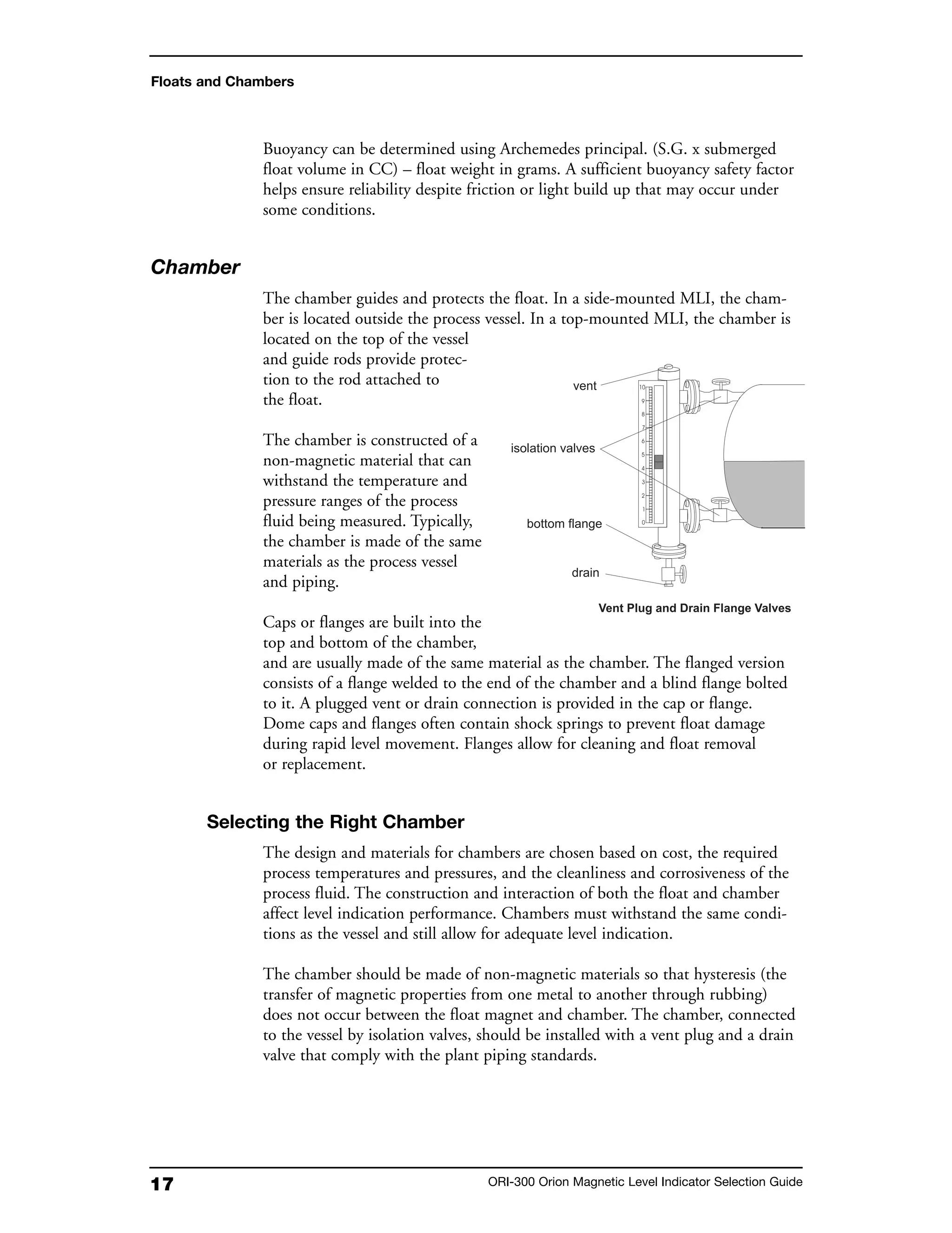 17 ORI-300 Orion Magnetic Level Indicator Selection Guide
Buoyancy can be determined using Archemedes principal. (S.G. x submerged
float volume in CC) – float weight in grams. A sufficient buoyancy safety factor
helps ensure reliability despite friction or light build up that may occur under
some conditions.
Chamber
The chamber guides and protects the float. In a side-mounted MLI, the cham-
ber is located outside the process vessel. In a top-mounted MLI, the chamber is
located on the top of the vessel
and guide rods provide protec-
tion to the rod attached to
the float.
The chamber is constructed of a
non-magnetic material that can
withstand the temperature and
pressure ranges of the process
fluid being measured. Typically,
the chamber is made of the same
materials as the process vessel
and piping.
Caps or flanges are built into the
top and bottom of the chamber,
and are usually made of the same material as the chamber. The flanged version
consists of a flange welded to the end of the chamber and a blind flange bolted
to it. A plugged vent or drain connection is provided in the cap or flange.
Dome caps and flanges often contain shock springs to prevent float damage
during rapid level movement. Flanges allow for cleaning and float removal
or replacement.
Selecting the Right Chamber
The design and materials for chambers are chosen based on cost, the required
process temperatures and pressures, and the cleanliness and corrosiveness of the
process fluid. The construction and interaction of both the float and chamber
affect level indication performance. Chambers must withstand the same condi-
tions as the vessel and still allow for adequate level indication.
The chamber should be made of non-magnetic materials so that hysteresis (the
transfer of magnetic properties from one metal to another through rubbing)
does not occur between the float magnet and chamber. The chamber, connected
to the vessel by isolation valves, should be installed with a vent plug and a drain
valve that comply with the plant piping standards.
Floats and Chambers
 