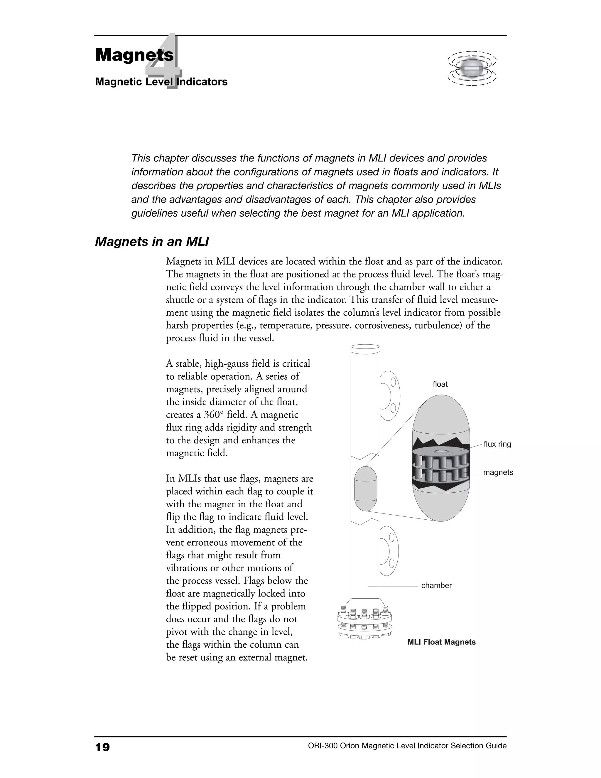 19 ORI-300 Orion Magnetic Level Indicator Selection Guide
Magnets in an MLI
Magnets in MLI devices are located within the float and as part of the indicator.
The magnets in the float are positioned at the process fluid level. The float’s mag-
netic field conveys the level information through the chamber wall to either a
shuttle or a system of flags in the indicator. This transfer of fluid level measure-
ment using the magnetic field isolates the column’s level indicator from possible
harsh properties (e.g., temperature, pressure, corrosiveness, turbulence) of the
process fluid in the vessel.
A stable, high-gauss field is critical
to reliable operation. A series of
magnets, precisely aligned around
the inside diameter of the float,
creates a 360° field. A magnetic
flux ring adds rigidity and strength
to the design and enhances the
magnetic field.
In MLIs that use flags, magnets are
placed within each flag to couple it
with the magnet in the float and
flip the flag to indicate fluid level.
In addition, the flag magnets pre-
vent erroneous movement of the
flags that might result from
vibrations or other motions of
the process vessel. Flags below the
float are magnetically locked into
the flipped position. If a problem
does occur and the flags do not
pivot with the change in level,
the flags within the column can
be reset using an external magnet.
This chapter discusses the functions of magnets in MLI devices and provides
information about the configurations of magnets used in floats and indicators. It
describes the properties and characteristics of magnets commonly used in MLIs
and the advantages and disadvantages of each. This chapter also provides
guidelines useful when selecting the best magnet for an MLI application.
44Magnets
Magnetic Level Indicators
 