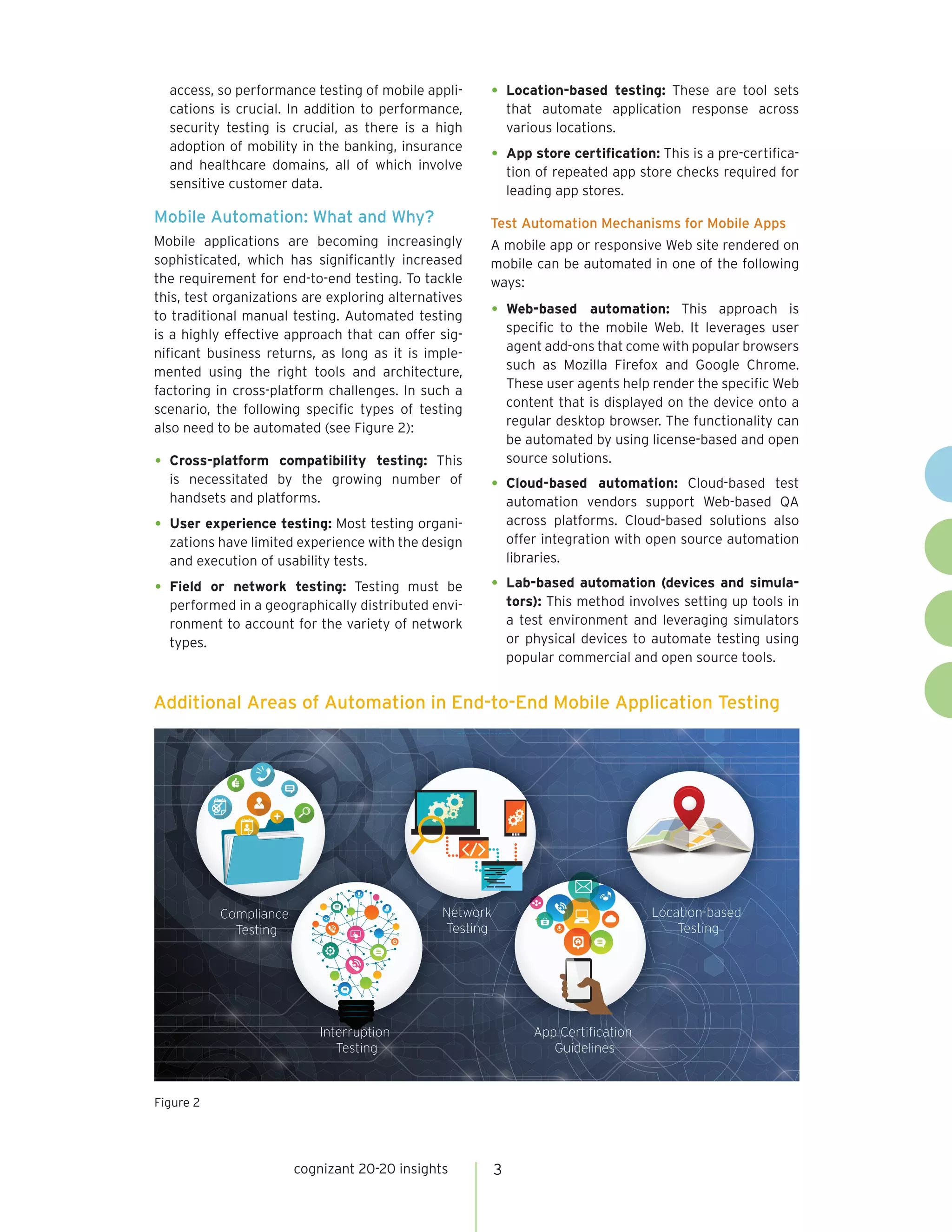 cognizant 20-20 insights 3
access, so performance testing of mobile appli-
cations is crucial. In addition to performance,
security testing is crucial, as there is a high
adoption of mobility in the banking, insurance
and healthcare domains, all of which involve
sensitive customer data.
Mobile Automation: What and Why?
Mobile applications are becoming increasingly
sophisticated, which has significantly increased
the requirement for end-to-end testing. To tackle
this, test organizations are exploring alternatives
to traditional manual testing. Automated testing
is a highly effective approach that can offer sig-
nificant business returns, as long as it is imple-
mented using the right tools and architecture,
factoring in cross-platform challenges. In such a
scenario, the following specific types of testing
also need to be automated (see Figure 2):
•	Cross-platform compatibility testing: This
is necessitated by the growing number of
handsets and platforms.
•	User experience testing: Most testing organi-
zations have limited experience with the design
and execution of usability tests.
•	Field or network testing: Testing must be
performed in a geographically distributed envi-
ronment to account for the variety of network
types.
•	Location-based testing: These are tool sets
that automate application response across
various locations.
•	App store certification: This is a pre-certifica-
tion of repeated app store checks required for
leading app stores.
Test Automation Mechanisms for Mobile Apps
A mobile app or responsive Web site rendered on
mobile can be automated in one of the following
ways:
•	Web-based automation: This approach is
specific to the mobile Web. It leverages user
agent add-ons that come with popular browsers
such as Mozilla Firefox and Google Chrome.
These user agents help render the specific Web
content that is displayed on the device onto a
regular desktop browser. The functionality can
be automated by using license-based and open
source solutions.
•	Cloud-based automation: Cloud-based test
automation vendors support Web-based QA
across platforms. Cloud-based solutions also
offer integration with open source automation
libraries.
•	Lab-based automation (devices and simula-
tors): This method involves setting up tools in
a test environment and leveraging simulators
or physical devices to automate testing using
popular commercial and open source tools.
1
Interruption
Testing
Network
Testing
Compliance
Testing
Location-based
Testing
App Certification
Guidelines
Additional Areas of Automation in End-to-End Mobile Application Testing
Figure 2
 