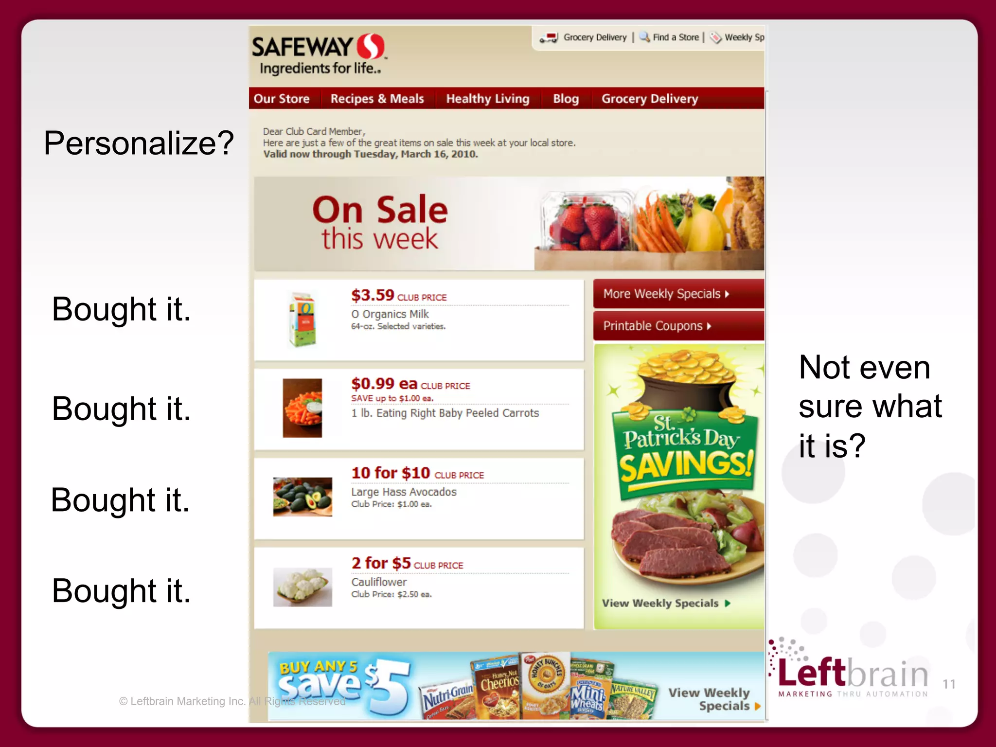 Personalize?




Bought it.
                                                     Not even
Bought it.                                           sure what
                                                     it is?
Bought it.

Bought it.

                                                             11
    © Leftbrain Marketing Inc. All Rights Reserved
 