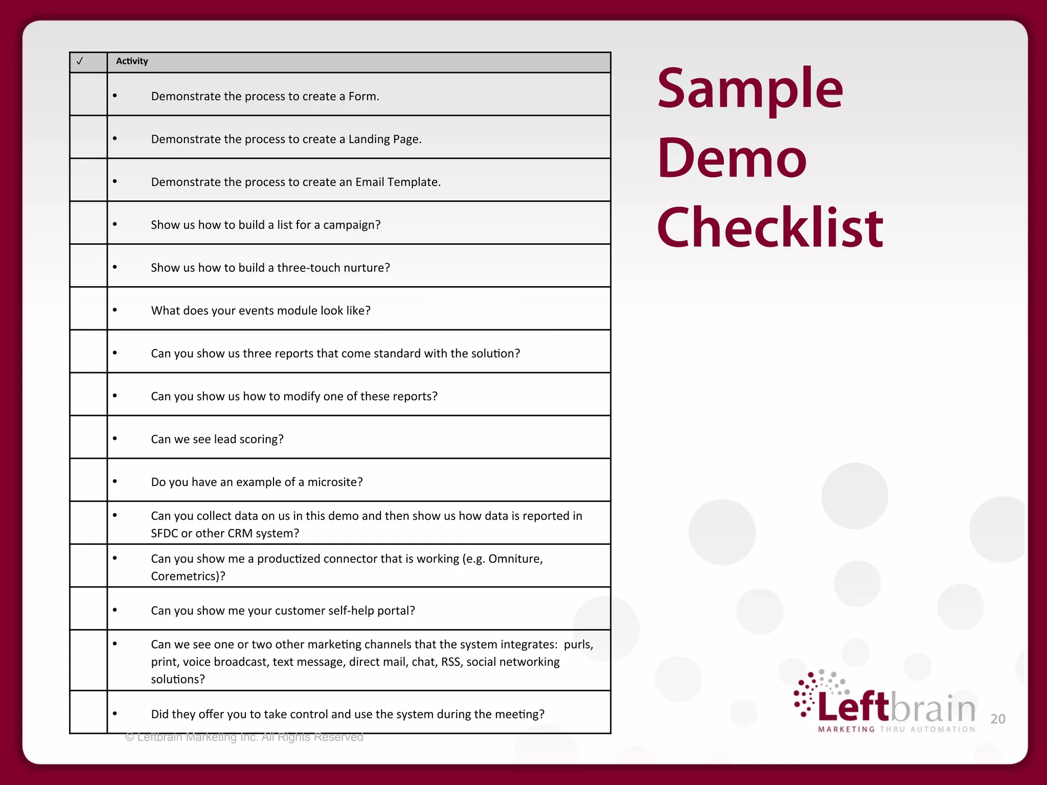 	
      AcJvity	
  


        •              Demonstrate	
  the	
  process	
  to	
  create	
  a	
  Form.	
  
                                                                                                                                                                 Sample
                       Demonstrate	
  the	
  process	
  to	
  create	
  a	
  Landing	
  Page.	
  

                                                                                                                                                                 Demo
        • 


        •              Demonstrate	
  the	
  process	
  to	
  create	
  an	
  Email	
  Template.	
  


        • 


        • 
                       Show	
  us	
  how	
  to	
  build	
  a	
  list	
  for	
  a	
  campaign?	
  


                       Show	
  us	
  how	
  to	
  build	
  a	
  three-­‐touch	
  nurture?	
  
                                                                                                                                                                 Checklist
        •              What	
  does	
  your	
  events	
  module	
  look	
  like?	
  


        •              Can	
  you	
  show	
  us	
  three	
  reports	
  that	
  come	
  standard	
  with	
  the	
  solu4on?	
  


        •              Can	
  you	
  show	
  us	
  how	
  to	
  modify	
  one	
  of	
  these	
  reports?	
  


        •              Can	
  we	
  see	
  lead	
  scoring?	
  


        •              Do	
  you	
  have	
  an	
  example	
  of	
  a	
  microsite?	
  

        •              Can	
  you	
  collect	
  data	
  on	
  us	
  in	
  this	
  demo	
  and	
  then	
  show	
  us	
  how	
  data	
  is	
  reported	
  in	
  
                       SFDC	
  or	
  other	
  CRM	
  system?	
  
        •              Can	
  you	
  show	
  me	
  a	
  produc4zed	
  connector	
  that	
  is	
  working	
  (e.g.	
  Omniture,	
  
                       Coremetrics)?	
  

        •              Can	
  you	
  show	
  me	
  your	
  customer	
  self-­‐help	
  portal?	
  

        •              Can	
  we	
  see	
  one	
  or	
  two	
  other	
  marke4ng	
  channels	
  that	
  the	
  system	
  integrates:	
  	
  purls,	
  
                       print,	
  voice	
  broadcast,	
  text	
  message,	
  direct	
  mail,	
  chat,	
  RSS,	
  social	
  networking	
  
                       solu4ons?	
  	
  

        •              Did	
  they	
  oﬀer	
  you	
  to	
  take	
  control	
  and	
  use	
  the	
  system	
  during	
  the	
  mee4ng?	
                                      20
             © Leftbrain Marketing Inc. All Rights Reserved
 