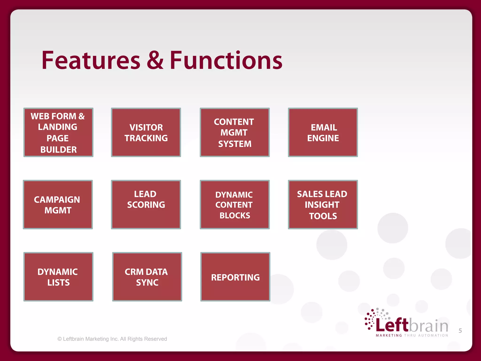 Features & Functions
WEB FORM &
                                                      CONTENT
 LANDING                          VISITOR                            EMAIL
                                                       MGMT
   PAGE                          TRACKING                           ENGINE
                                                       SYSTEM
 BUILDER



                                   LEAD               DYNAMIC     SALES LEAD
CAMPAIGN
                                  SCORING             CONTENT      INSIGHT
  MGMT
                                                       BLOCKS       TOOLS




 DYNAMIC                         CRM DATA
                                                      REPORTING
   LISTS                           SYNC




                                                                               5
     © Leftbrain Marketing Inc. All Rights Reserved
 