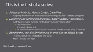 This is the first of a series:
1. Selecting Analytics. Murray Cantor, Dave West.
– Aligning the choice of measures with your organization’s efforts and goals
2. Designing and automating analytics. Murray Cantor, Nicole Bryan.
– A straightforward method for finding your analytics solution
• The dashboards,
• the required data, and
• an appropriate choice of analytical techniques and statistics to apply to the data.
3. Building the Analytics Environment. Murray Cantor, Nicole Bryan.
– The data solution architecture and stack
– How Tasktop can help.
3
http://tasktop.com/webinars
 