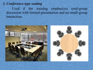 3. Conference type seating
Used if the training emphasizes total-group
discussion with limited presentation and no small-group
interaction.
 