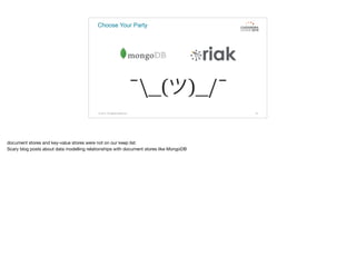 Choose Your Party
© 2015. All Rights Reserved. 19
document stores and key-value stores were not on our keep list.

Scary blog posts about data modelling relationships with document stores like MongoDB
 