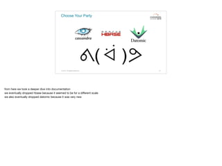 Choose Your Party
© 2015. All Rights Reserved. 21
from here we took a deeper dive into documentation

we eventually dropped hbase because it seemed to be for a diﬀerent scale

we also eventually dropped datomic because it was very new
 
