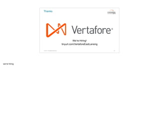 Thanks
81© 2015. All Rights Reserved.
We’re Hiring!
tinyurl.com/VertaforeEastLansing
we’re hiring
 