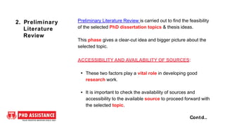 Preliminary Literature Review is carried out to find the feasibility
of the selected PhD dissertation topics & thesis ideas.
This phase gives a clear-cut idea and bigger picture about the
selected topic.
ACCESSIBILITY AND AVAILABILITY OF SOURCES:
These two factors play a vital role in developing good
research work.
It is important to check the availability of sources and
accessibility to the available source to proceed forward with
the selected topic.
Contd..
2. Preliminary
Literature
Review
 