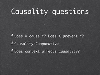Causality questions


Does X cause Y? Does X prevent Y?

Causality-Comparative

Does context affects causality?
 