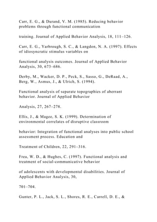 Carr, E. G., & Durand, V. M. (1985). Reducing behavior
problems through functional communication
training. Journal of Applied Behavior Analysis, 18, 111–126.
Carr, E. G., Yarbrough, S. C., & Langdon, N. A. (1997). Effects
of idiosyncratic stimulus variables on
functional analysis outcomes. Journal of Applied Behavior
Analysis, 30, 673–686.
Derby, M., Wacker, D. P., Peck, S., Sasso, G., DeRaad, A.,
Berg, W., Asmus, J., & Ulrich, S. (1994).
Functional analysis of separate topographies of aberrant
behavior. Journal of Applied Behavior
Analysis, 27, 267–278.
Ellis, J., & Magee, S. K. (1999). Determination of
environmental correlates of disruptive classroom
behavior: Integration of functional analyses into public school
assessment process. Education and
Treatment of Children, 22, 291–316.
Frea, W. D., & Hughes, C. (1997). Functional analysis and
treatment of social-communicative behavior
of adolescents with developmental disabilities. Journal of
Applied Behavior Analysis, 30,
701–704.
Gunter, P. L., Jack, S. L., Shores, R. E., Carrell, D. E., &
 