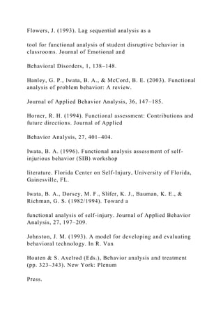 Flowers, J. (1993). Lag sequential analysis as a
tool for functional analysis of student disruptive behavior in
classrooms. Journal of Emotional and
Behavioral Disorders, 1, 138–148.
Hanley, G. P., Iwata, B. A., & McCord, B. E. (2003). Functional
analysis of problem behavior: A review.
Journal of Applied Behavior Analysis, 36, 147–185.
Horner, R. H. (1994). Functional assessment: Contributions and
future directions. Journal of Applied
Behavior Analysis, 27, 401–404.
Iwata, B. A. (1996). Functional analysis assessment of self-
injurious behavior (SIB) workshop
literature. Florida Center on Self-Injury, University of Florida,
Gainesville, FL.
Iwata, B. A., Dorsey, M. F., Slifer, K. J., Bauman, K. E., &
Richman, G. S. (1982/1994). Toward a
functional analysis of self-injury. Journal of Applied Behavior
Analysis, 27, 197–209.
Johnston, J. M. (1993). A model for developing and evaluating
behavioral technology. In R. Van
Houten & S. Axelrod (Eds.), Behavior analysis and treatment
(pp. 323–343). New York: Plenum
Press.
 