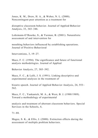 Jones, K. M., Drew, H. A., & Weber, N. L. (2000).
Noncontingent peer attention as a treatment for
disruptive classroom behavior. Journal of Applied Behavior
Analysis, 33, 343–346.
Lohrmann-O’Rourke, S., & Yurman, B. (2001). Naturalistic
assessment of and intervention for
mouthing behaviors influenced by establishing operations.
Journal of Positive Behavioral
Interventions, 3, 19–27.
Mace, F. C. (1994). The significance and future of functional
analysis methodologies. Journal of Applied
Behavior Analysis, 27, 385–392.
Mace, F. C., & Lalli, J. S. (1991). Linking descriptive and
experimental analyses in the treatment of
bizarre speech. Journal of Applied Behavior Analysis, 24, 553–
562.
Mace, F. C., Yankanich, M. A., & West, B. J. (1988/1989).
Toward a methodology of experimental
analysis and treatment of aberrant classroom behaviors. Special
Services in the Schools, 4,
71–88.
Magee, S. K., & Ellis, J. (2000). Extinction effects during the
assessment of multiple problem behaviors.
 