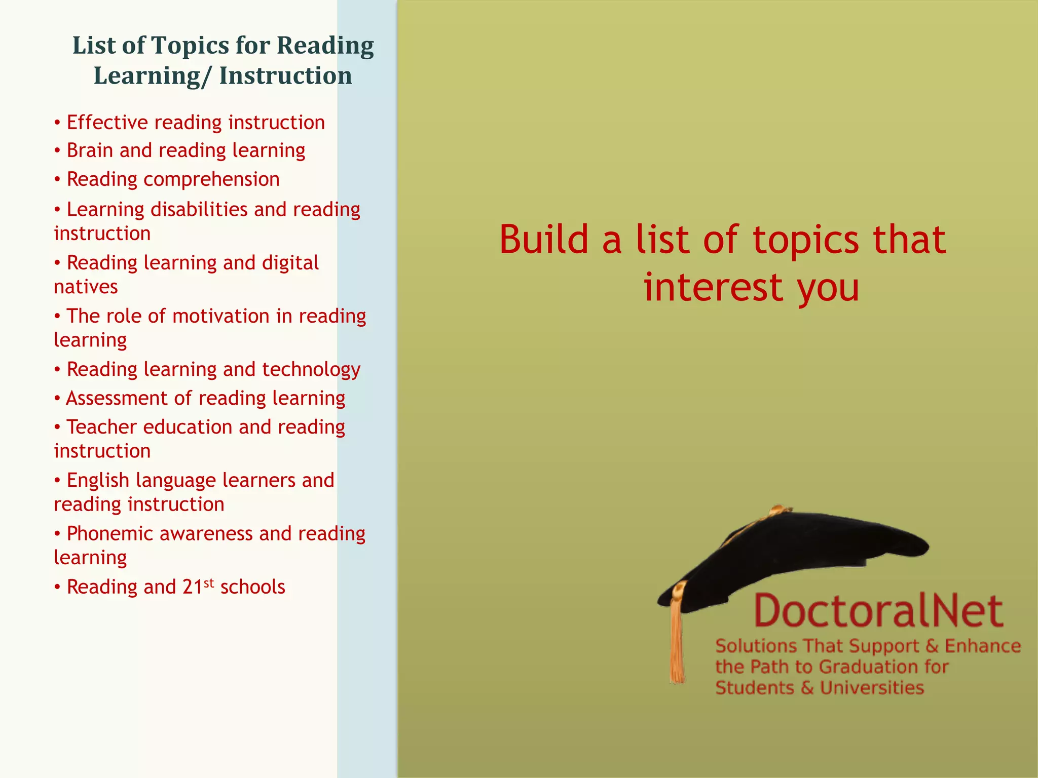List	
  of	
  Topics	
  for	
  Reading	
  
Learning/	
  Instruction	
  
Build a list of topics that
interest you
•  Effective reading instruction
•  Brain and reading learning
•  Reading comprehension
•  Learning disabilities and reading
instruction
•  Reading learning and digital
natives
• The role of motivation in reading
learning
•  Reading learning and technology
• Assessment of reading learning
• Teacher education and reading
instruction
•  English language learners and
reading instruction
•  Phonemic awareness and reading
learning
•  Reading and 21st schools
 