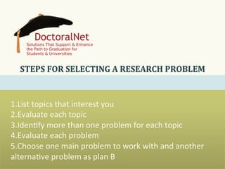 1. List	
  topics	
  that	
  interest	
  you	
  
2. Evaluate	
  each	
  topic	
  
3. Iden0fy	
  more	
  than	
  one	
  problem	
  for	
  each	
  topic	
  
4. Evaluate	
  each	
  problem	
  
5. Choose	
  one	
  main	
  problem	
  to	
  work	
  with	
  and	
  another	
  
alterna0ve	
  problem	
  as	
  plan	
  B	
  
STEPS	
  FOR	
  SELECTING	
  A	
  RESEARCH	
  PROBLEM	
  
 