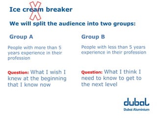 Ice cream breaker

We will split the audience into two groups:

Group A                     Group B

People with more than 5     People with less than 5 years
years experience in their   experience in their profession
profession


Question:What I wish I              What I think I
                            Question:
knew at the beginning       need to know to get to
that I know now             the next level
 