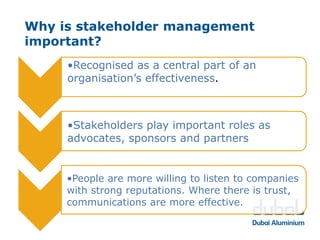 Why is stakeholder management
important?
     •Recognised as a central part of an
     organisation’s effectiveness.



     •Stakeholders play important roles as
     advocates, sponsors and partners


     •People are more willing to listen to companies
     with strong reputations. Where there is trust,
     communications are more effective.
 