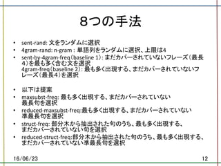 ８つの手法	
•  sent-rand:	文をランダムに選択	
•  4gram-rand:	n-gram	: 単語列をランダムに選択、上限は4	
•  sent-by-4gram-freq（baseline	1）:	まだカバーされていないフレーズ（最長
４）を最も多く含む文を選択	
4gram-freq（baseline	2）:	最も多く出現する、まだカバーされていないフ
レーズ（最長４）を選択	
•  以下は提案	
•  maxsubst-freq:	最も多く出現する、まだカバーされていない	
最長句を選択	
•  reduced-maxsubst-freq:最も多く出現する、まだカバーされていない	
凖最長句を選択	
•  struct-freq:	部分木から抽出された句のうち、最も多く出現する、	
まだカバーされていない句を選択	
•  reduced-struct-freq:部分木から抽出された句のうち、最も多く出現する、
まだカバーされていない凖最長句を選択	
16/06/23	 12	
 
