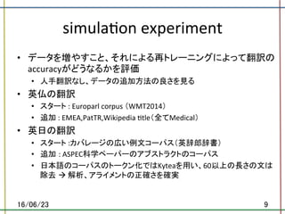 simula.on	experiment	
•  データを増やすこと、それによる再トレーニングによって翻訳の
accuracyがどうなるかを評価	
•  人手翻訳なし、データの追加方法の良さを見る	
•  英仏の翻訳	
•  スタート	:	Europarl	corpus	（WMT2014）	
•  追加	:	EMEA,PatTR,Wikipedia	.tle（全てMedical）	
•  英日の翻訳	
•  スタート	:カバレージの広い例文コーパス（英辞郎辞書）	
•  追加 :	ASPEC科学ペーパーのアブストラクトのコーパス	
•  日本語のコーパスのトークン化ではKyteaを用い、60以上の長さの文は	
除去 à	解析、アライメントの正確さを確実	
16/06/23	 9	
 