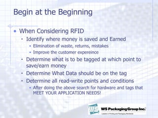 Begin at the Beginning When Considering RFID Identify where money is saved and Earned Elimination of waste, returns, mistakes Improve the customer expereince Determine what is to be tagged at which point to save/earn money Determine What Data should be on the tag Determine all read-write points and conditions After doing the above search for hardware and tags that MEET YOUR APPLICATION NEEDS! 
