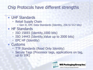 Chip Protocols have different strengths UHF Standards Retail Supply Chain Gen II, EPC Data Standards (Identity, 256 to 512 bits) HF Standards ISO 15693 (Identity,1000 bits) ISO 14443 (Identity,Value up to 2000 bits) EPC HF (Identity) Customs TTF Standards (Read Only Identity) Secure Tags (Processor tags, applications on tag, up to 10K) 