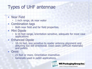 Types of UHF antennae Near Field 1 inch range, ok near water Combination tags Both near field and far field properties. Mini Dipole 6-10 feet range, orientation sensitive, adequate for most case applications Enhanced Dipole 10-16 feet, less sensitive to reader antenna alignment and detuning but still directional. Used cases (difficult materials) and pallets Omni 21 feet or more. Orientation insensitive. Generally used in pallet applications.  