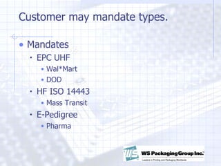 Customer may mandate types. Mandates EPC UHF Wal*Mart DOD HF ISO 14443 Mass Transit E-Pedigree Pharma 