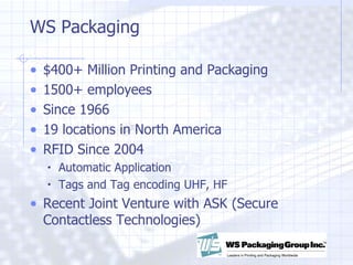 WS Packaging $400+ Million Printing and Packaging 1500+ employees Since 1966 19 locations in North America RFID Since 2004 Automatic Application Tags and Tag encoding UHF, HF Recent Joint Venture with ASK (Secure Contactless Technologies) 