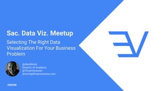 @AlanMorte @ThreeVentures #SDVM
Sac. Data Viz. Meetup
@AlanMorte
Director of Analytics
@ThreeVentures
amorte@threeventures.com
Selecting The Right Data
Visualization For Your Business
Problem
#SDVM
 