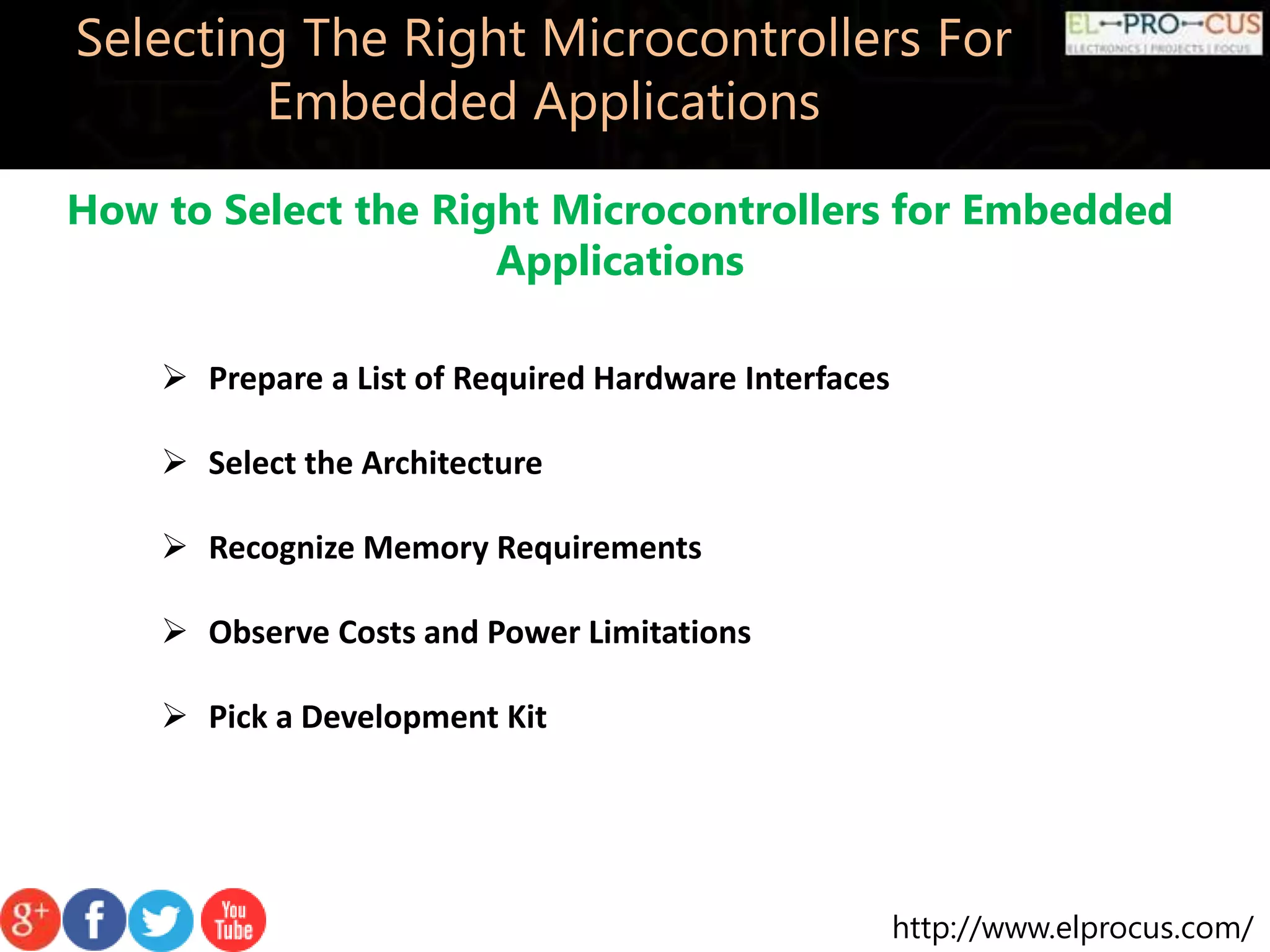 http://www.elprocus.com/ Selecting The Right Microcontrollers For Embedded Applications How to Select the Right Microcontrollers for Embedded Applications  Prepare a List of Required Hardware Interfaces  Select the Architecture  Recognize Memory Requirements  Observe Costs and Power Limitations  Pick a Development Kit 