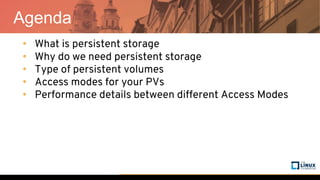Agenda
• What is persistent storage
• Why do we need persistent storage
• Type of persistent volumes
• Access modes for your PVs
• Performance details between different Access Modes
 
