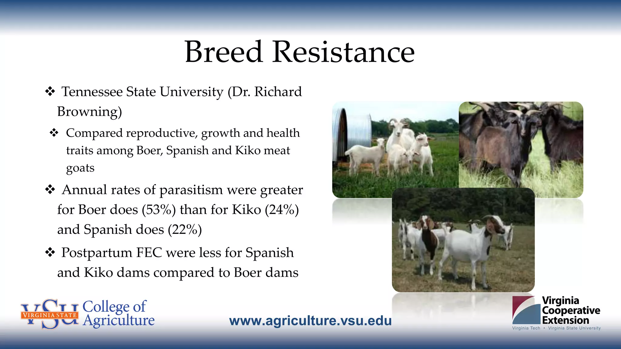 www.agriculture.vsu.edu
Breed Resistance
 Tennessee State University (Dr. Richard
Browning)
 Compared reproductive, growth and health
traits among Boer, Spanish and Kiko meat
goats
 Annual rates of parasitism were greater
for Boer does (53%) than for Kiko (24%)
and Spanish does (22%)
 Postpartum FEC were less for Spanish
and Kiko dams compared to Boer dams
 