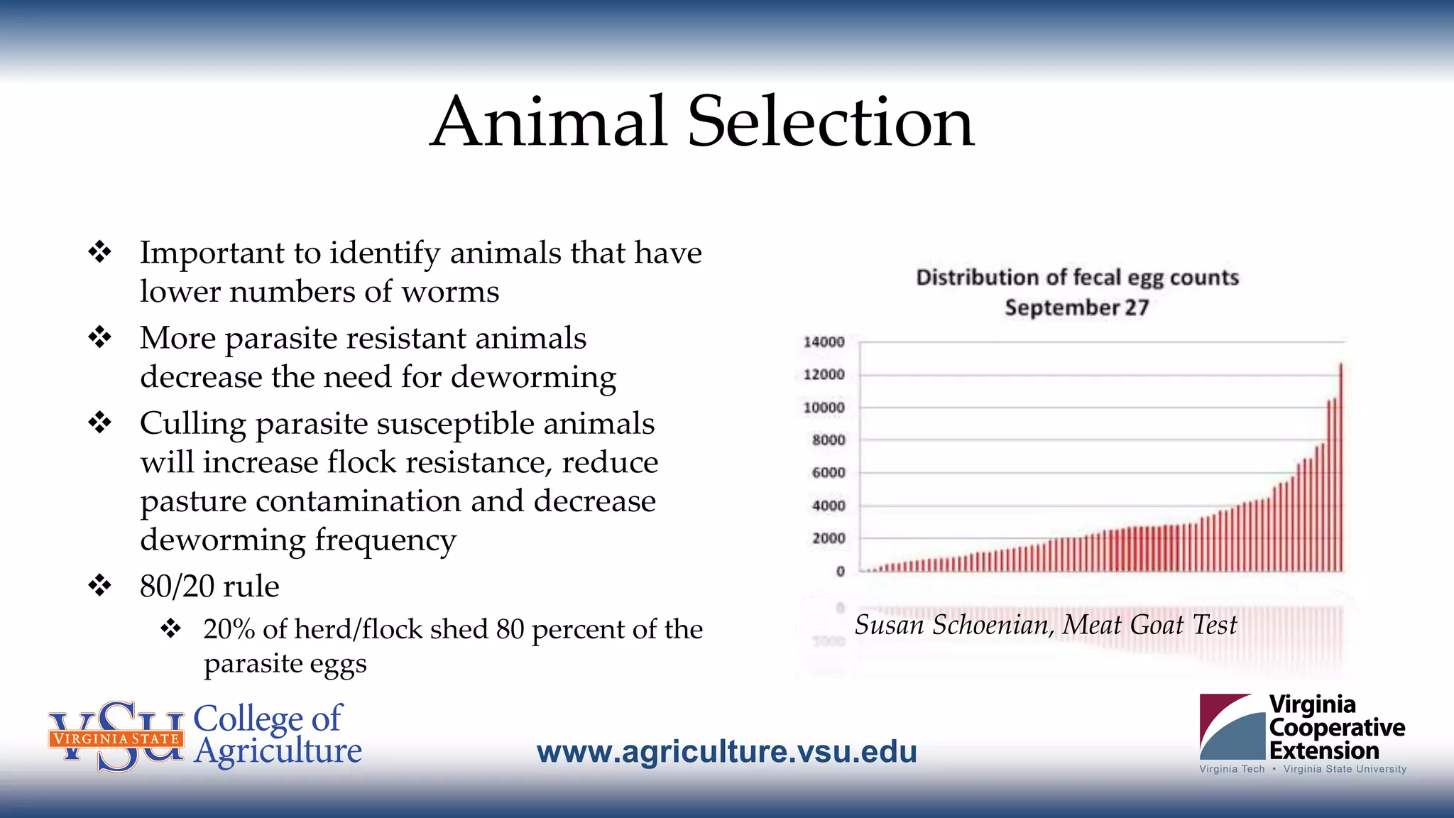 www.agriculture.vsu.edu
Animal Selection
 Important to identify animals that have
lower numbers of worms
 More parasite resistant animals
decrease the need for deworming
 Culling parasite susceptible animals
will increase flock resistance, reduce
pasture contamination and decrease
deworming frequency
 80/20 rule
 20% of herd/flock shed 80 percent of the
parasite eggs
Susan Schoenian, Meat Goat Test
 